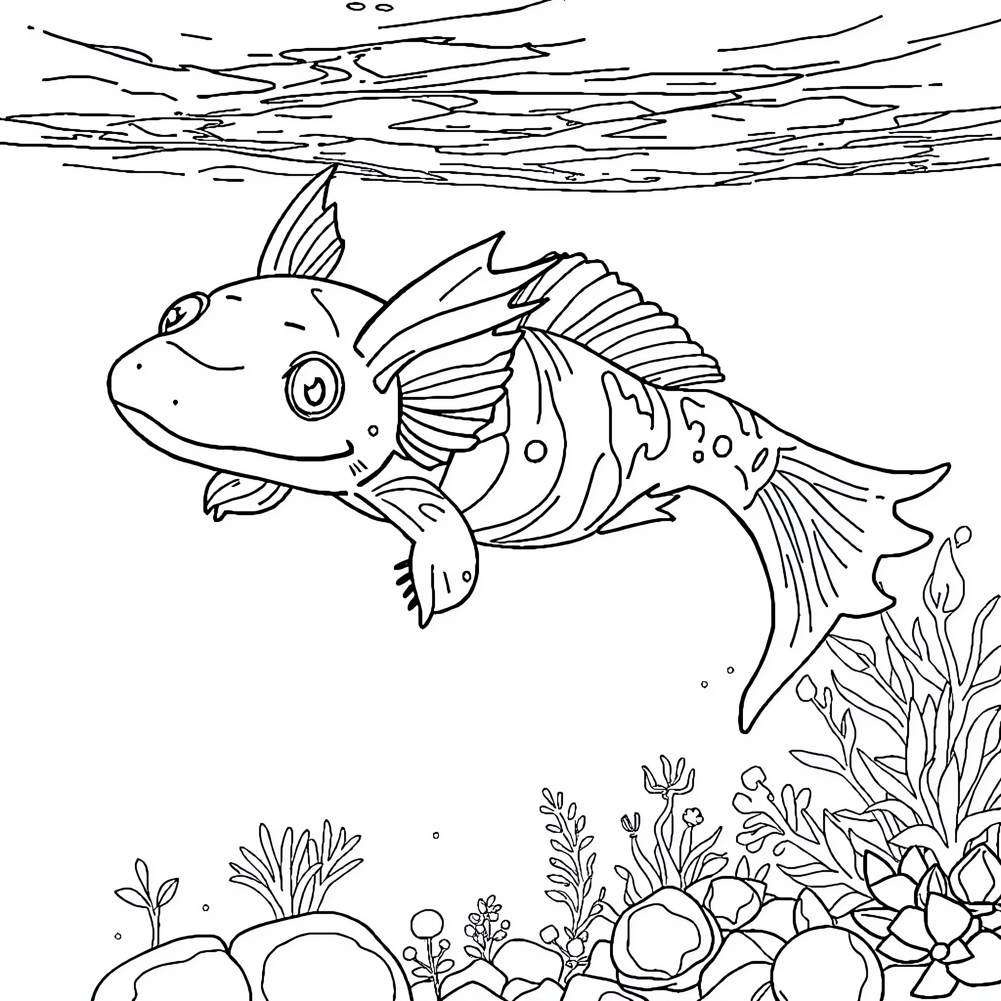 Axolotl exploring the underwater garden Coloring Page (free black-and-white line drawing printable PDF for all, from beginners to advanced learners, including children, teens, adults, and seniors)