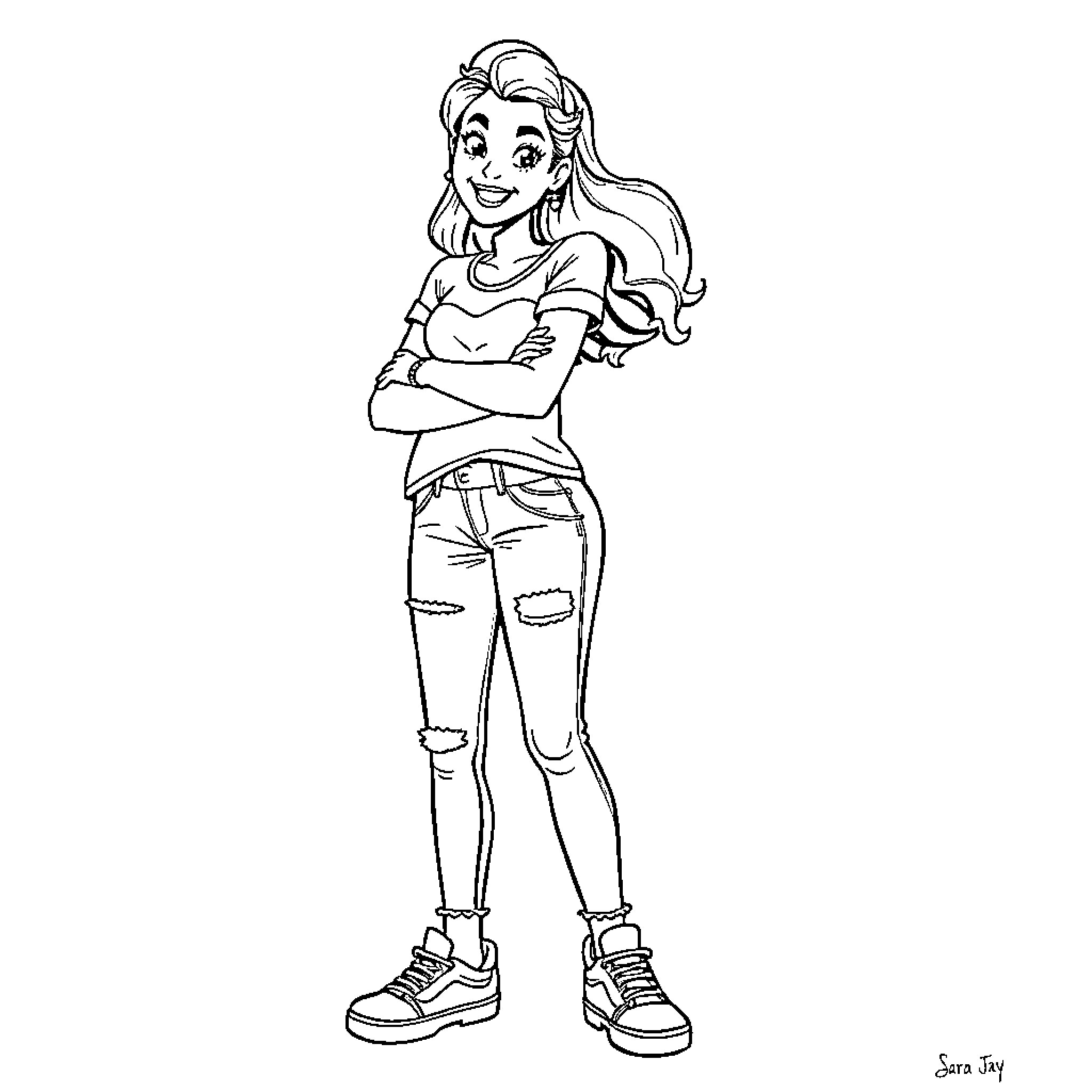 Sara Jay posing confidently in casual attire Coloring Page (free black-and-white line drawing printable PDF for all, from beginners to advanced learners, including children, teens, adults, and seniors)