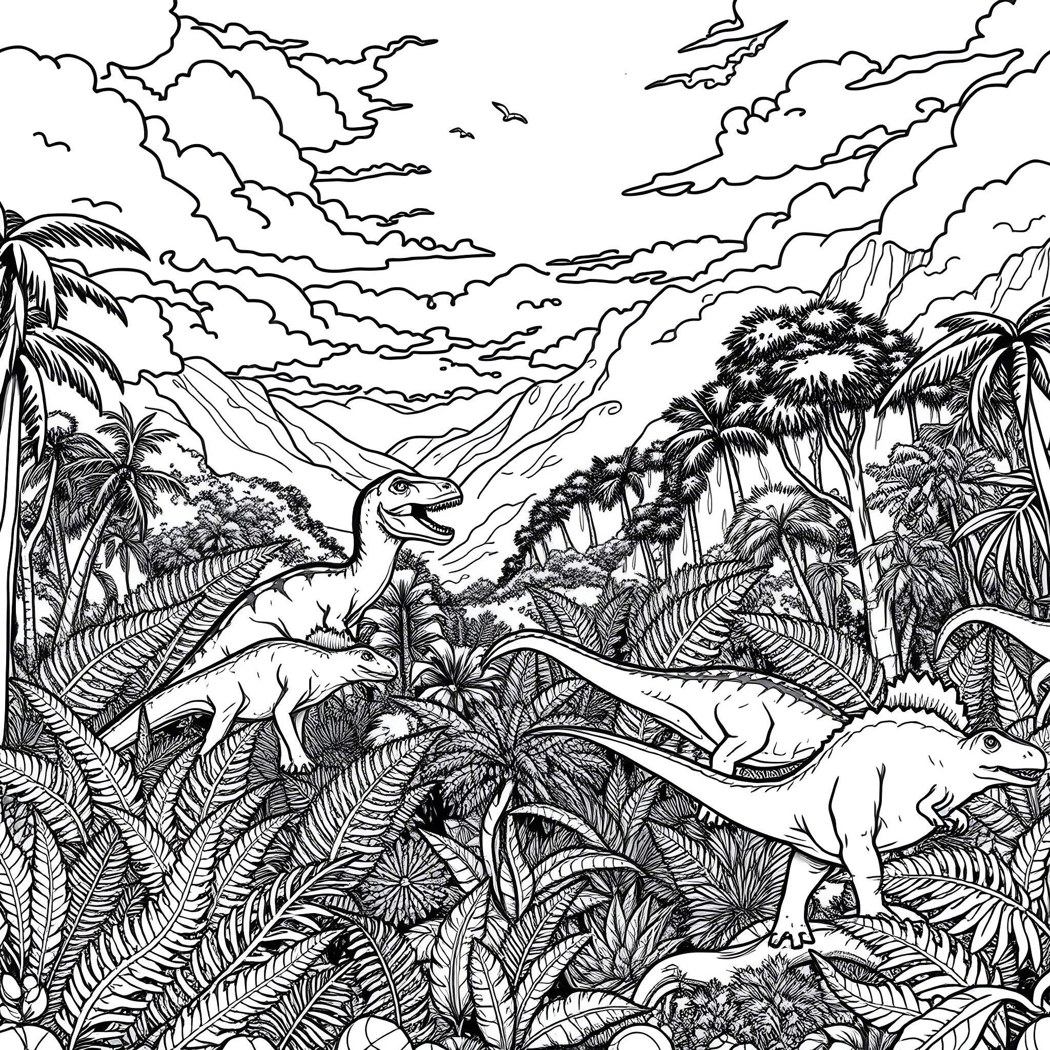 Dinosaurs roaming in the prehistoric jungle Coloring Page (free black-and-white line drawing printable PDF for all, from beginners to advanced learners, including children, teens, adults, and seniors)