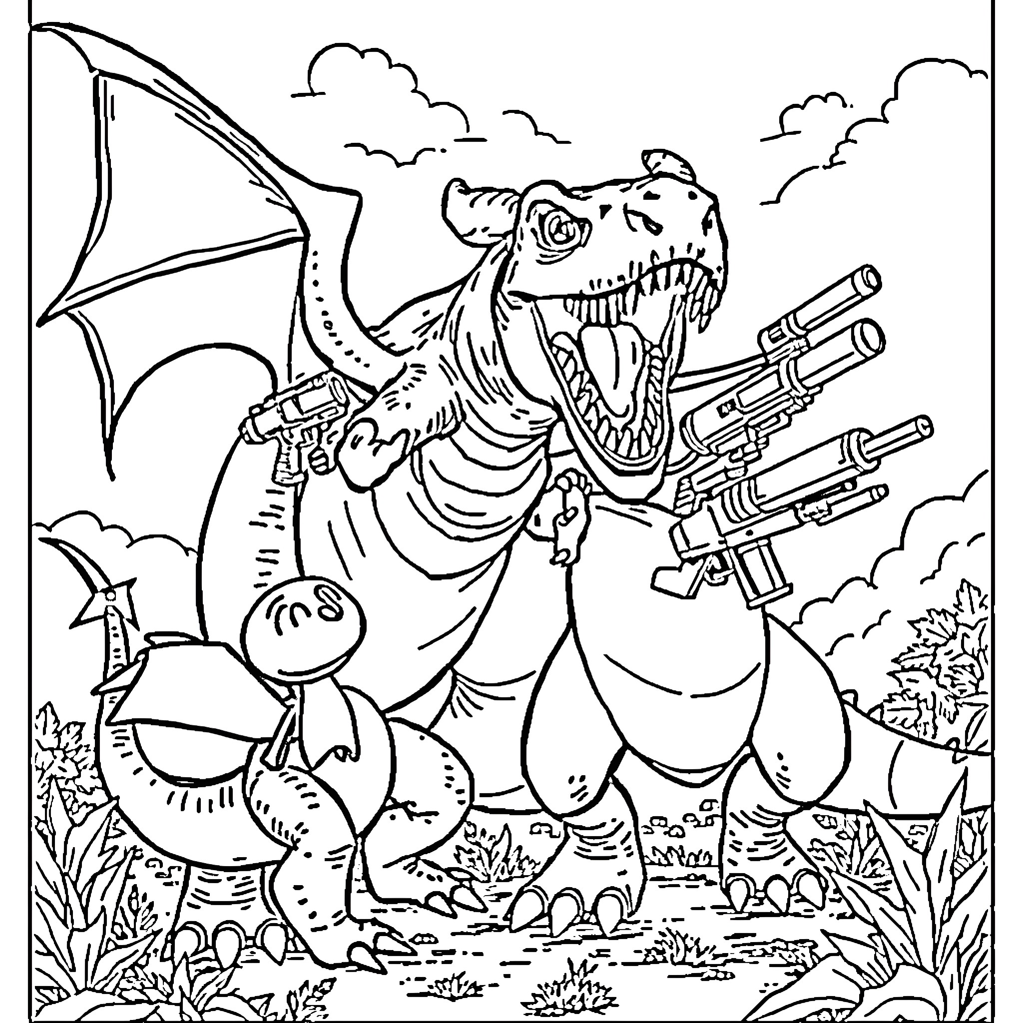 Toothless Dragon Wielding Weapons in the Wild Coloring Page (free black-and-white line drawing printable PDF for all, from beginners to advanced learners, including children, teens, adults, and seniors)