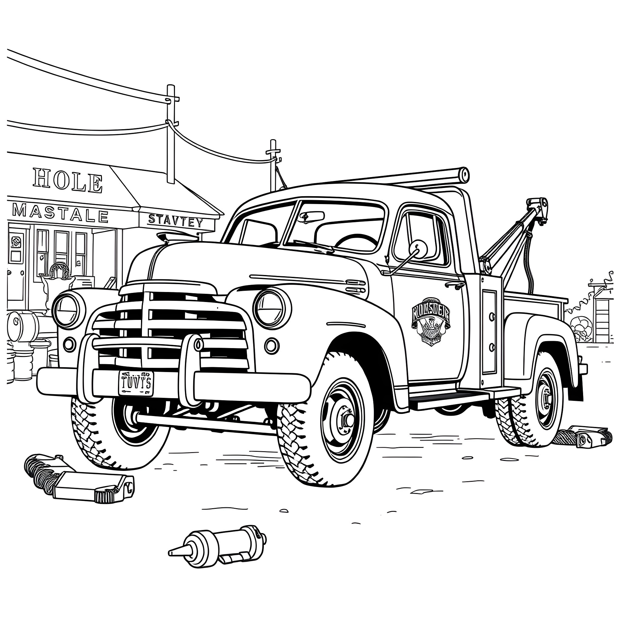 Tow Truck Assisting with Broken Down Vehicle Coloring Page (free black-and-white line drawing printable PDF for all, from beginners to advanced learners, including children, teens, adults, and seniors)