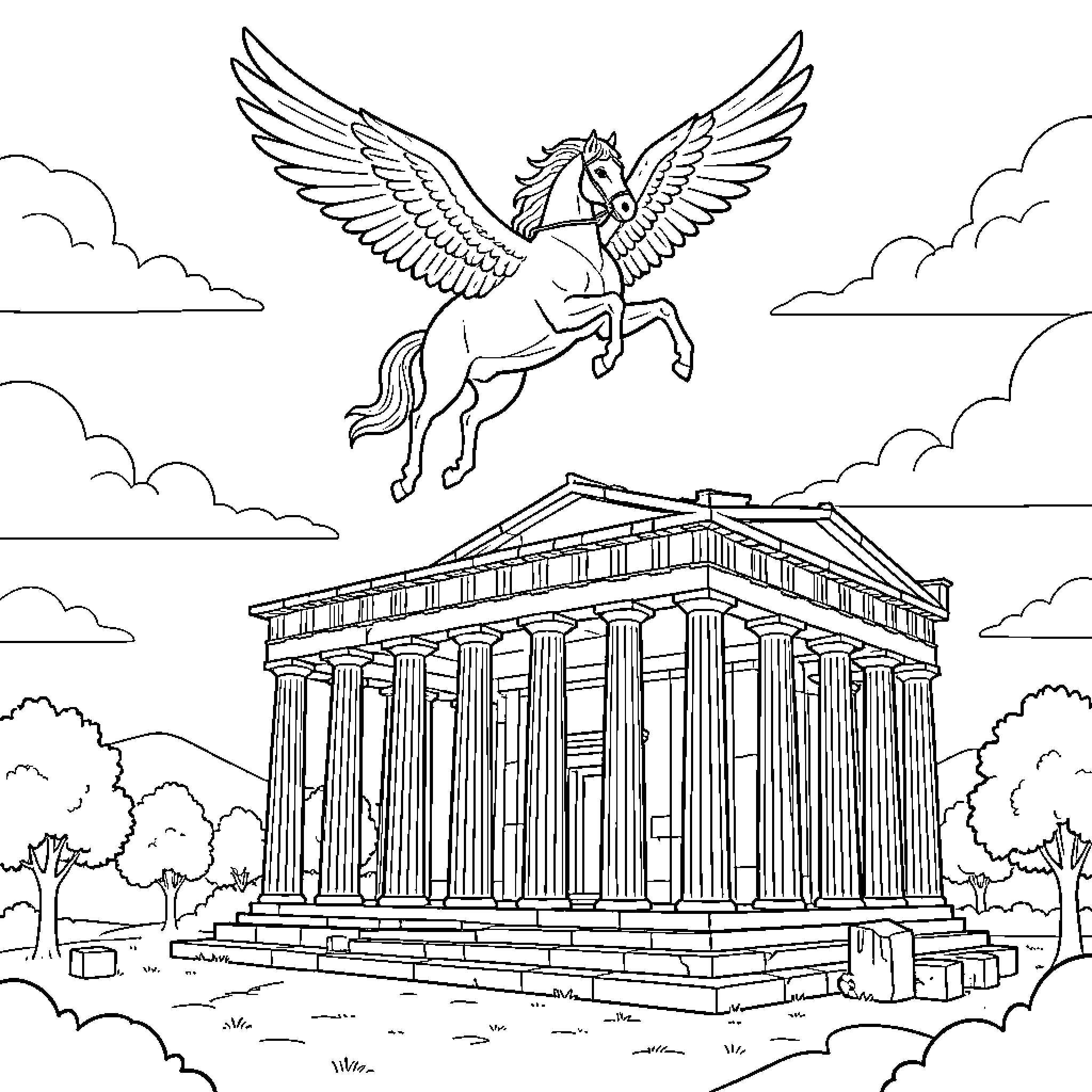 Pegasus soaring majestically above an ancient Greek temple Coloring Page (free black-and-white line drawing printable PDF for all, from beginners to advanced learners, including children, teens, adults, and seniors)