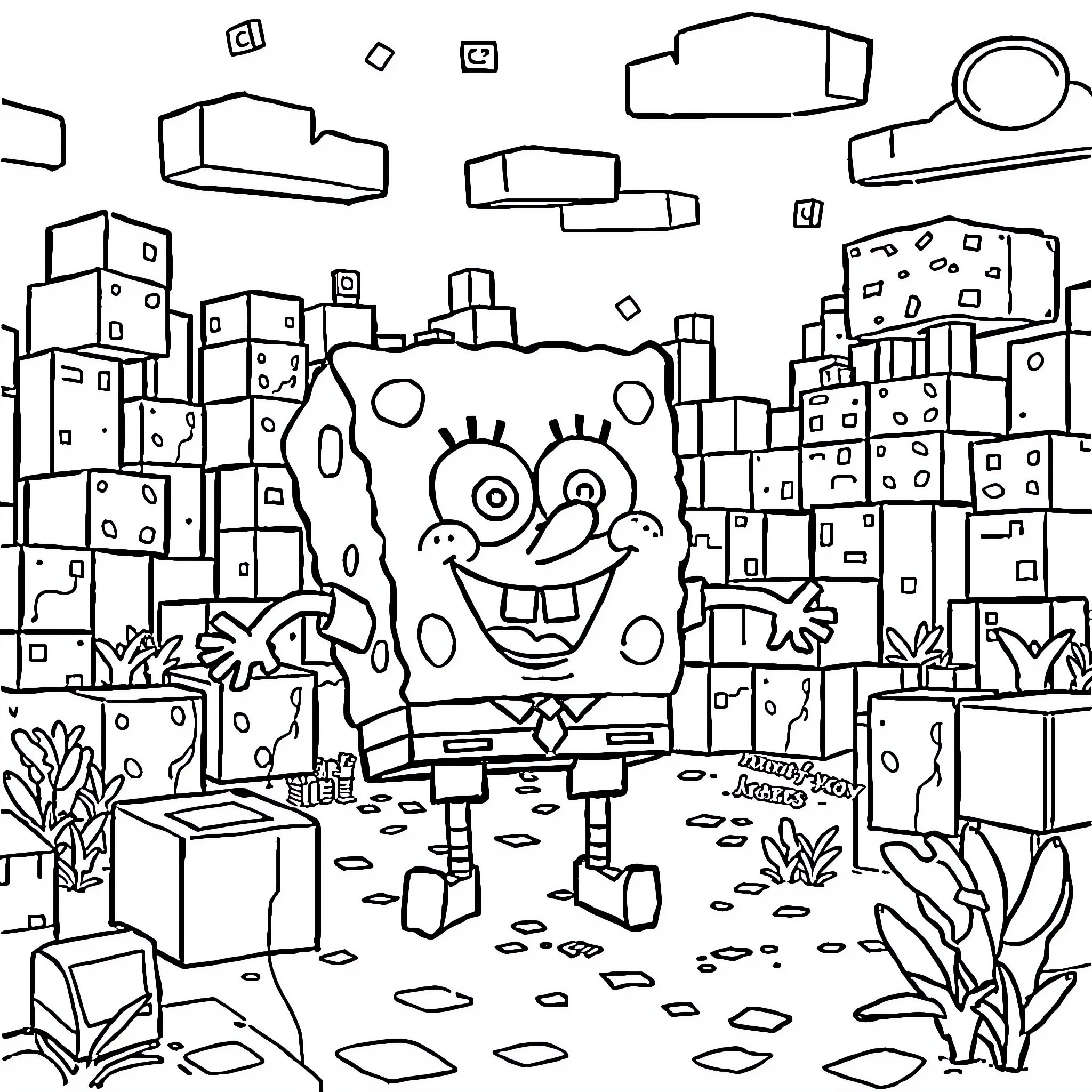 Spongebob's Whimsical City Adventure Coloring Page (free black-and-white line drawing printable PDF for all, from beginners to advanced learners, including children, teens, adults, and seniors)