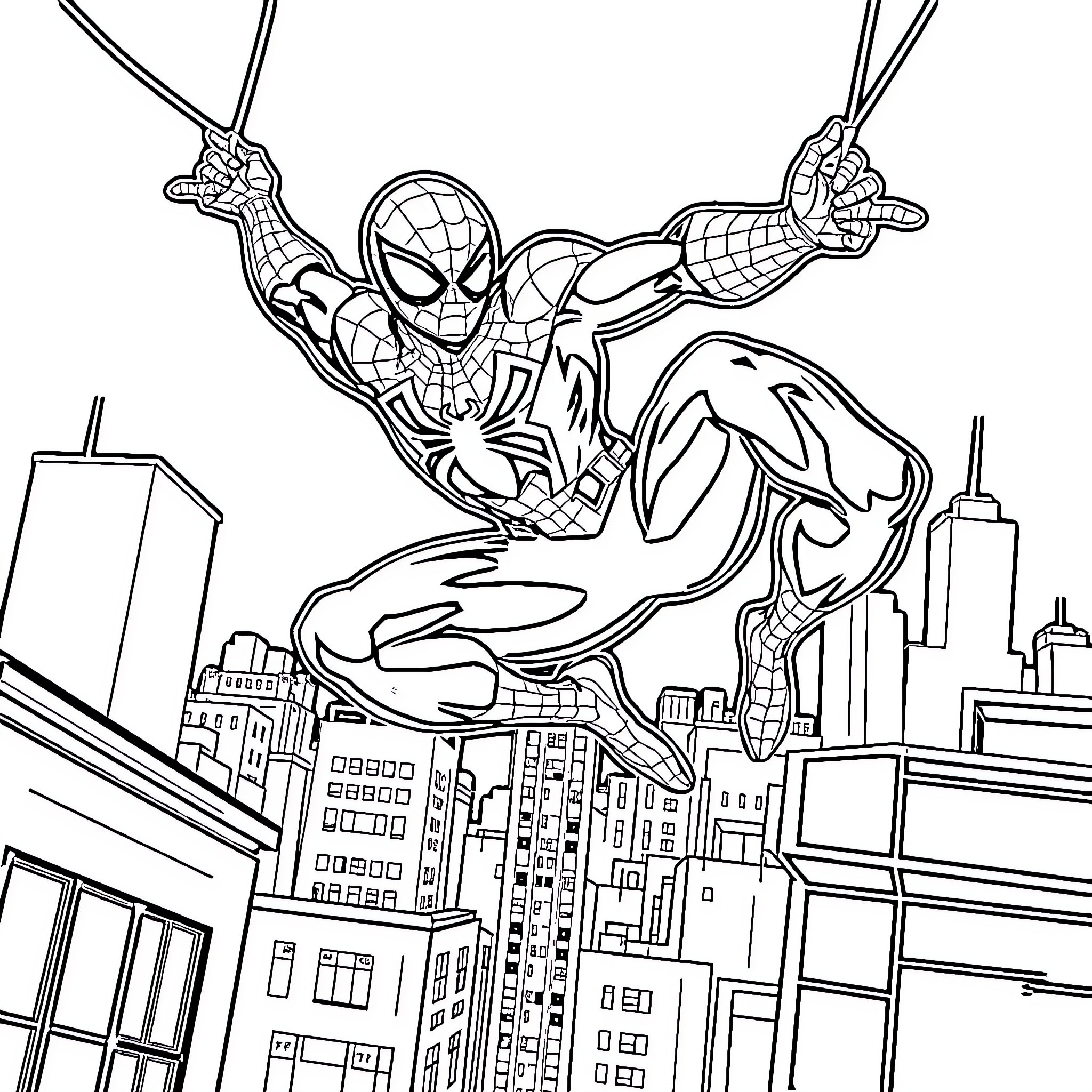 Spiderman swinging through the city skyline Coloring Page (free black-and-white line drawing printable PDF for all, from beginners to advanced learners, including children, teens, adults, and seniors)