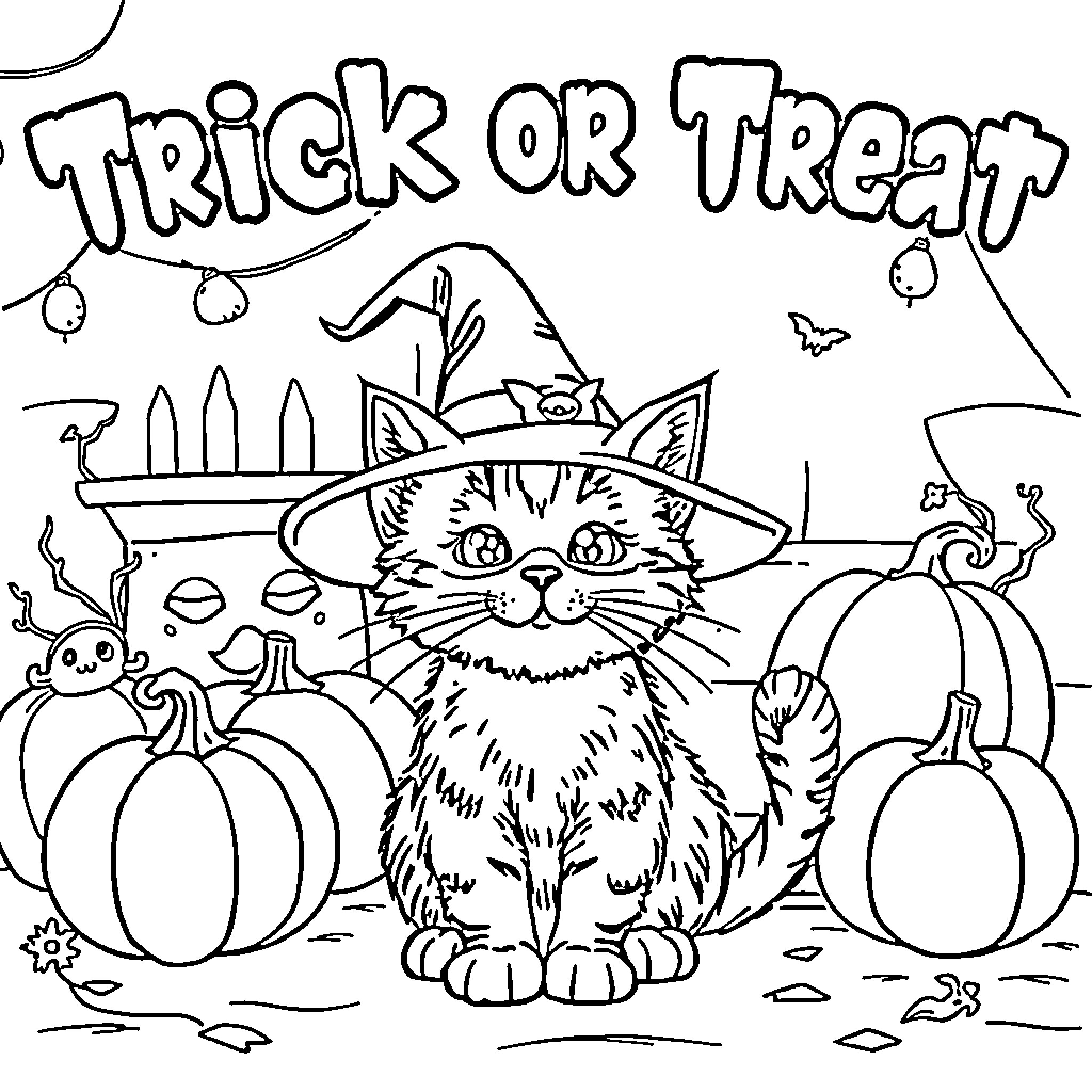 Cat in Halloween costume trick-or-treating Coloring Page (free black-and-white line drawing printable PDF for all, from beginners to advanced learners, including children, teens, adults, and seniors)