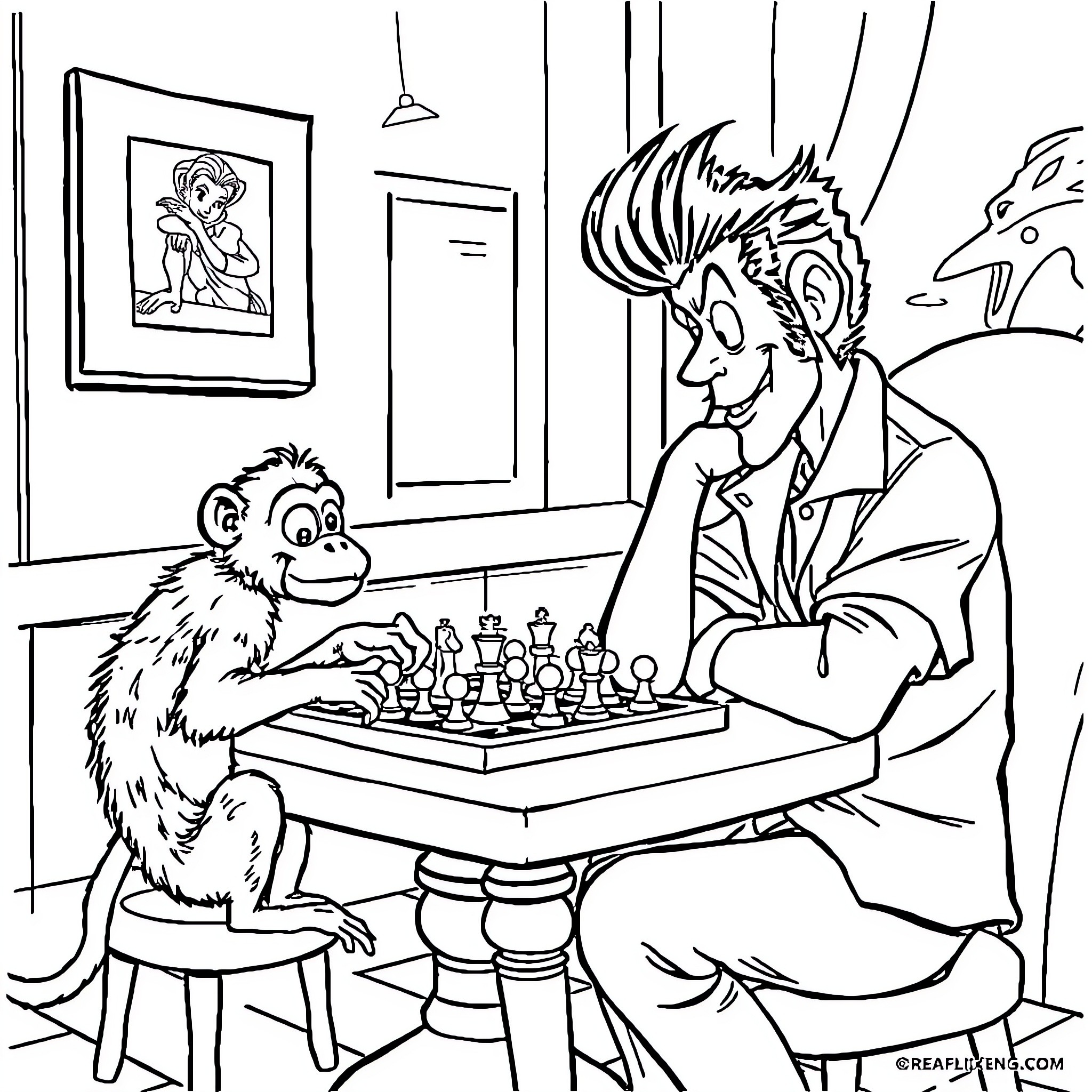 Ace Ventura's Eccentric Chess Match with a Simian Opponent Coloring Page (free black-and-white line drawing printable PDF for all, from beginners to advanced learners, including children, teens, adults, and seniors)