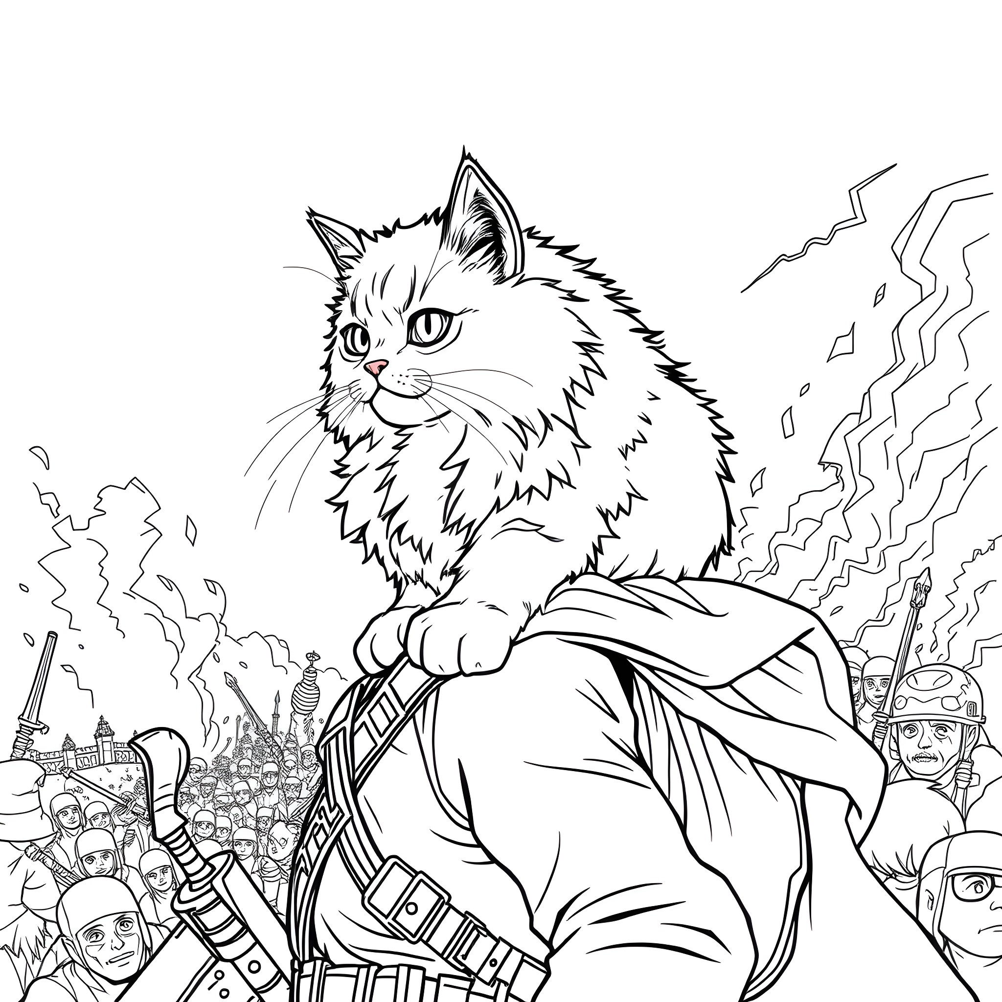 Ragdoll Cat leading an army of warriors Coloring Page (free black-and-white line drawing printable PDF for all, from beginners to advanced learners, including children, teens, adults, and seniors)