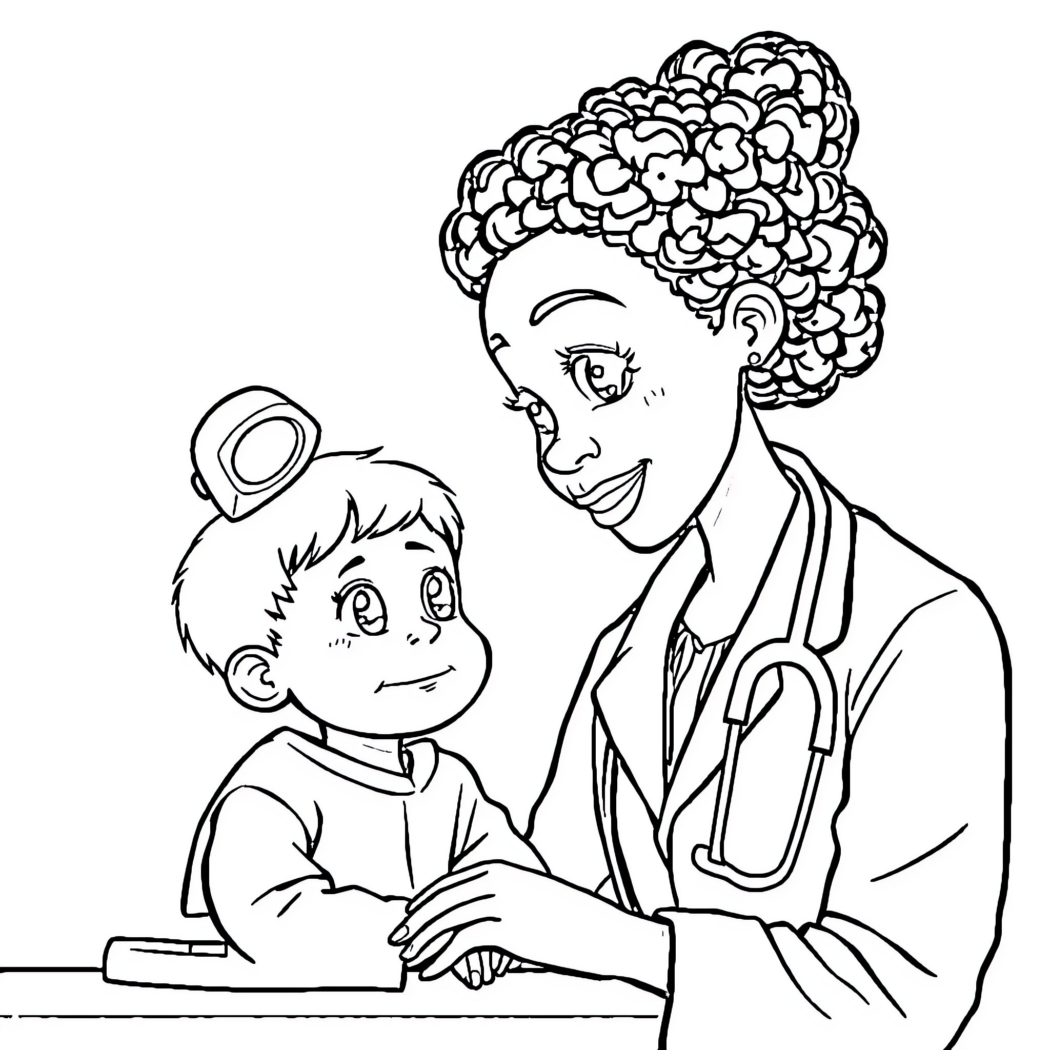 Doctor Comforting Young Patient Coloring Page (free black-and-white line drawing printable PDF for all, from beginners to advanced learners, including children, teens, adults, and seniors)