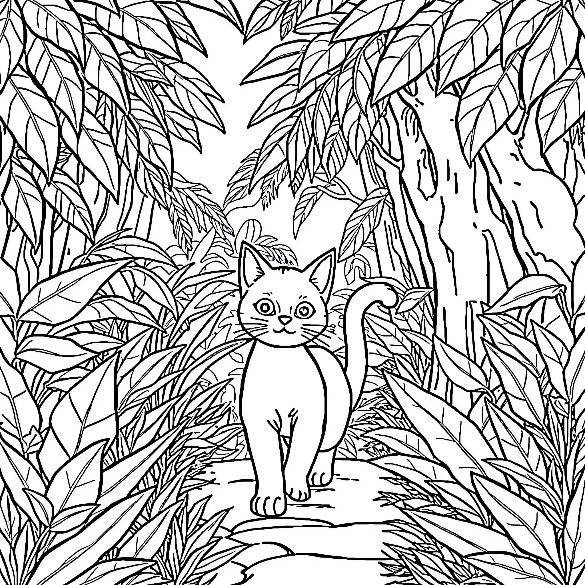 Cat exploring the lush jungle foliage Coloring Page (free black-and-white line drawing printable PDF for all, from beginners to advanced learners, including children, teens, adults, and seniors)