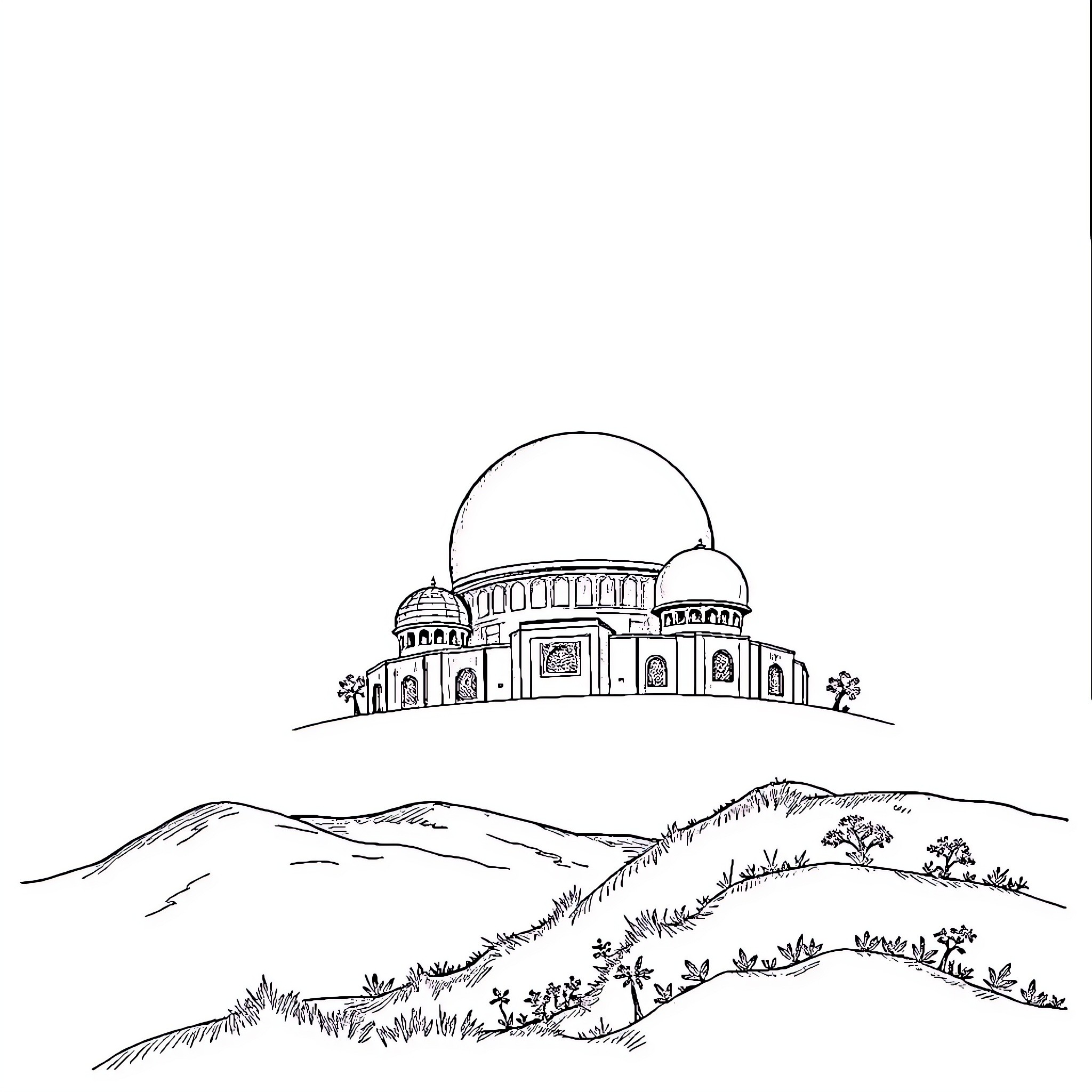 Bank with domed building in scenic landscape Coloring Page (free black-and-white line drawing printable PDF for all, from beginners to advanced learners, including children, teens, adults, and seniors)