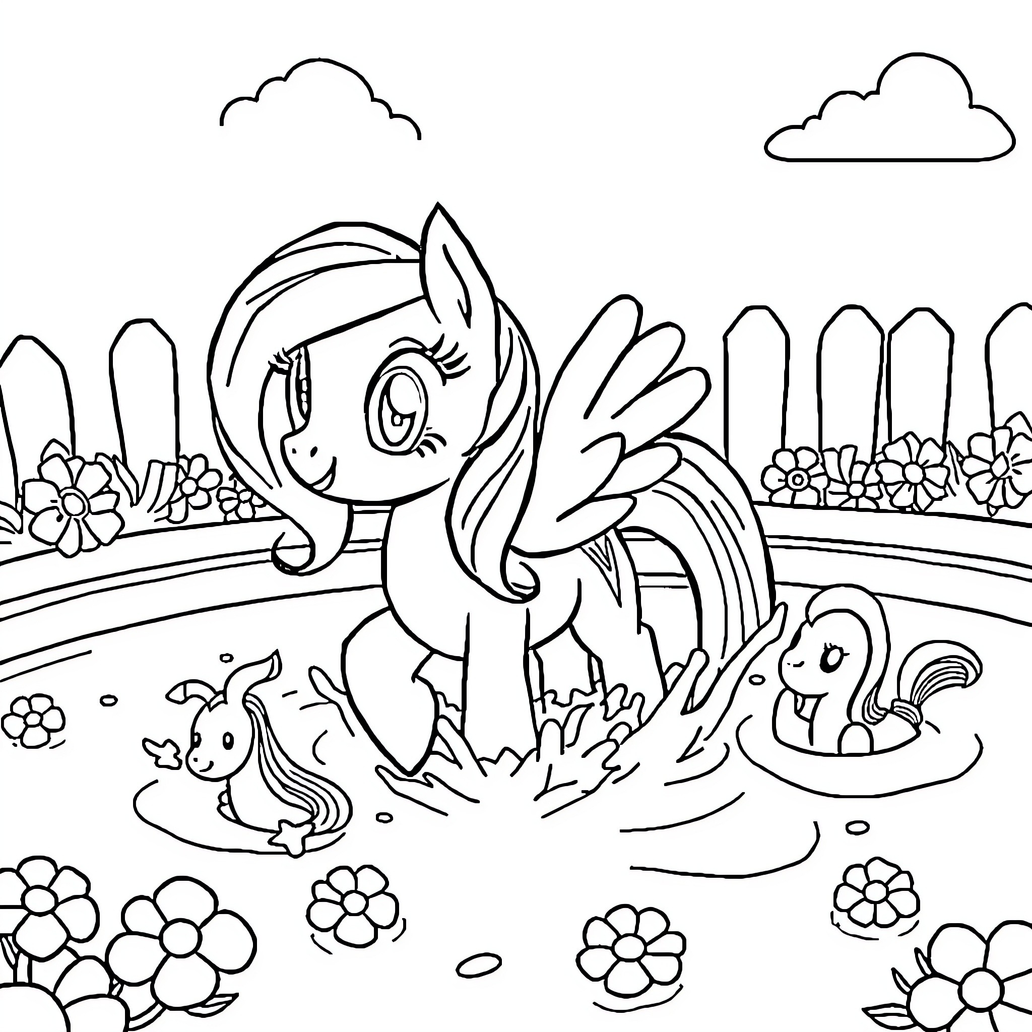 Pony enjoying a sunny day by the pond Coloring Page (free black-and-white line drawing printable PDF for all, from beginners to advanced learners, including children, teens, adults, and seniors)