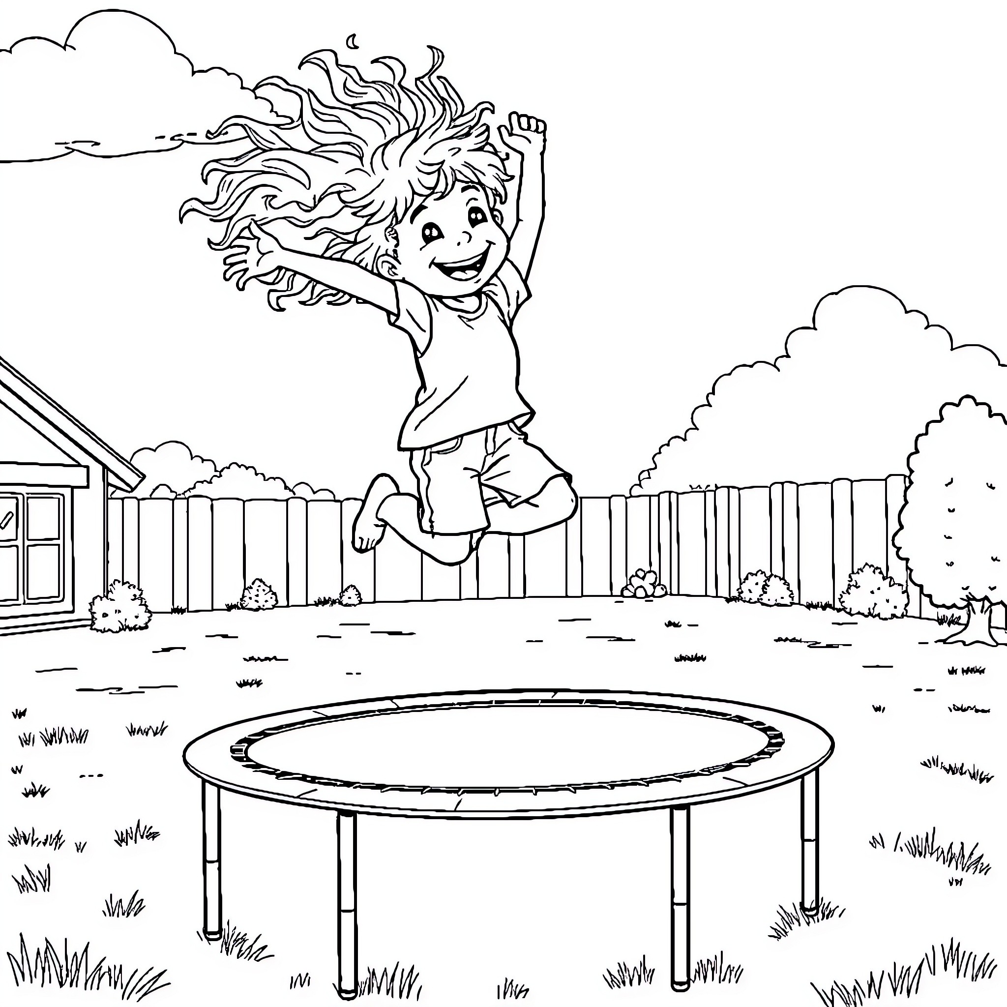 Boy jumps excitedly on trampoline in backyard Coloring Page (free black-and-white line drawing printable PDF for all, from beginners to advanced learners, including children, teens, adults, and seniors)