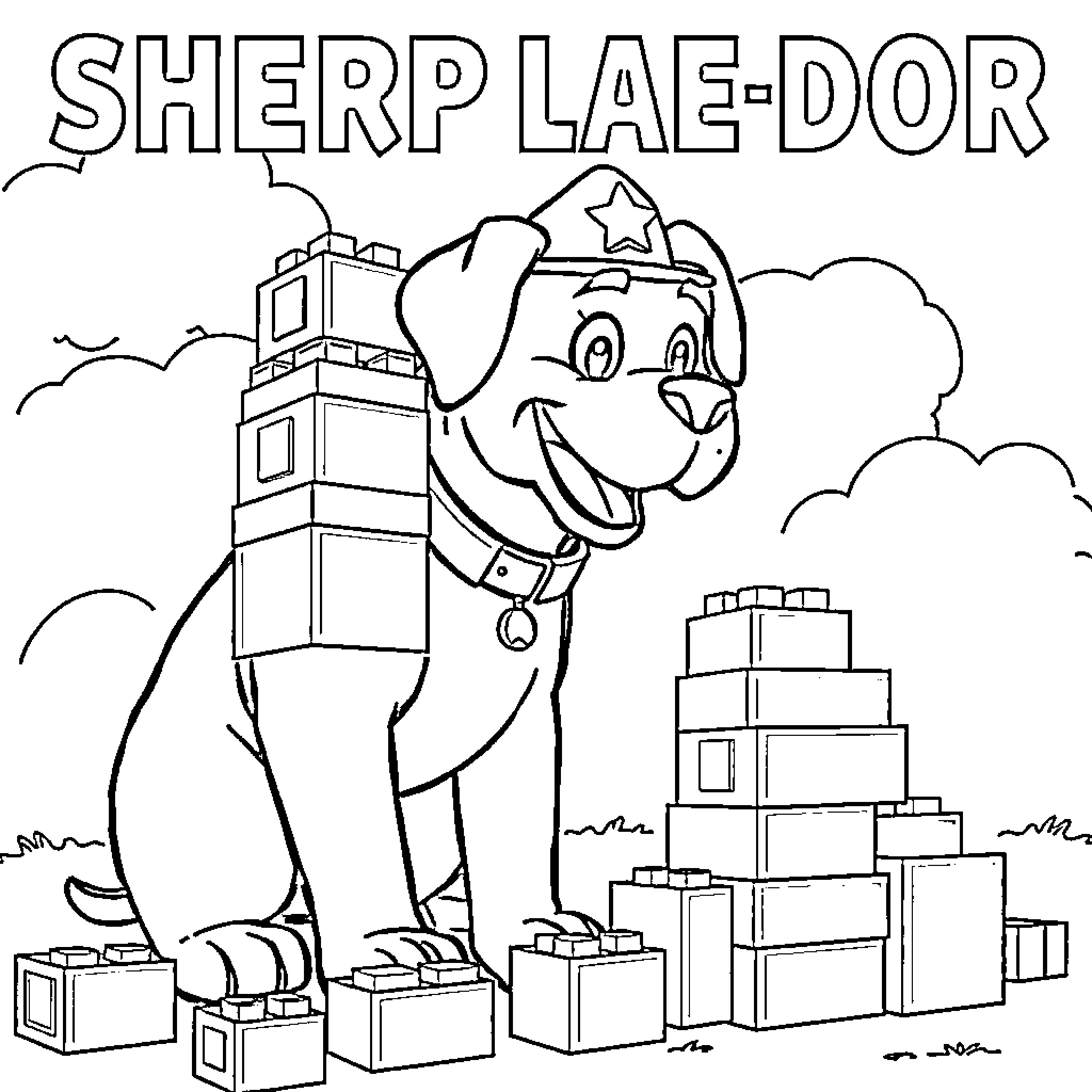 Sheriff Labrador helping with deliveries in the town Coloring Page (free black-and-white line drawing printable PDF for all, from beginners to advanced learners, including children, teens, adults, and seniors)