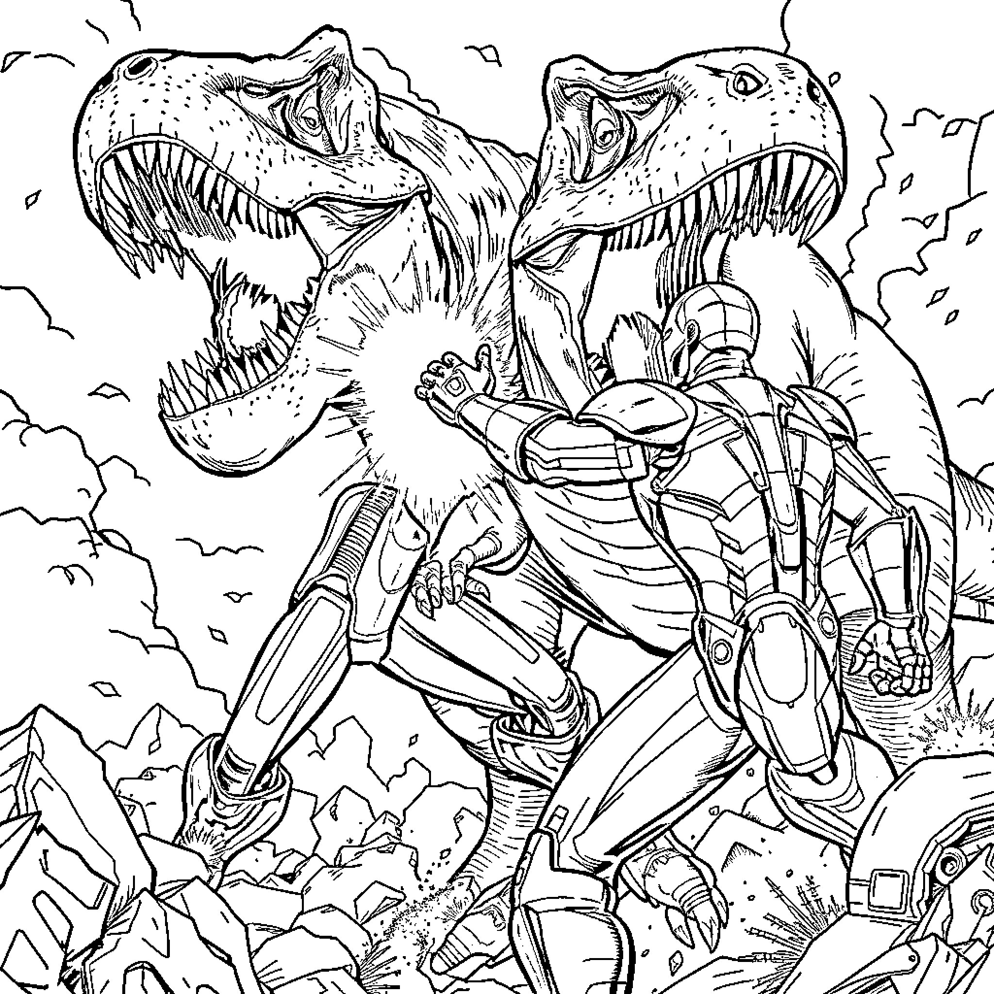 Ironman battling ferocious dinosaurs in a futuristic landscape Coloring Page (free black-and-white line drawing printable PDF for all, from beginners to advanced learners, including children, teens, adults, and seniors)