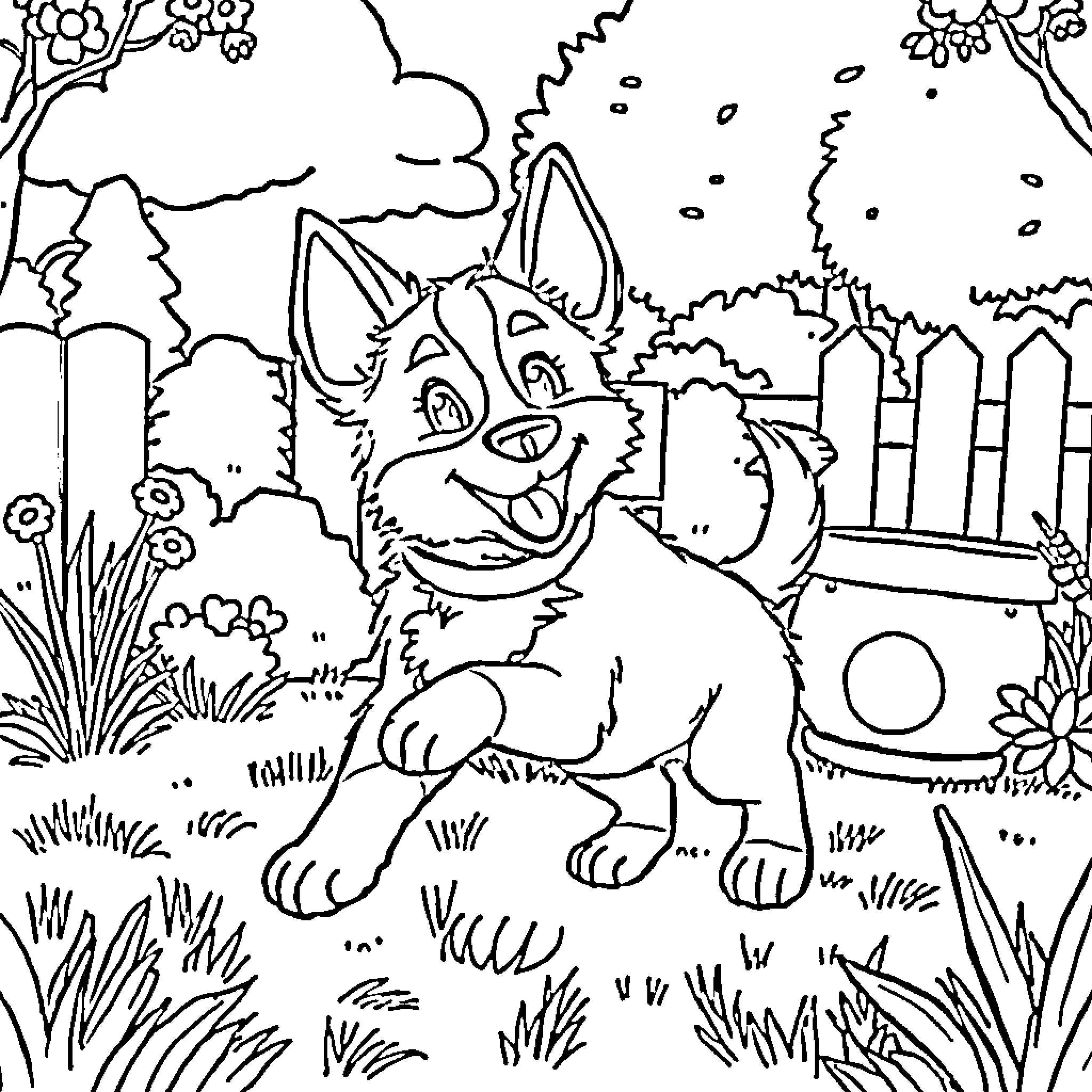 Bluey playing happily in the backyard Coloring Page (free black-and-white line drawing printable PDF for all, from beginners to advanced learners, including children, teens, adults, and seniors)