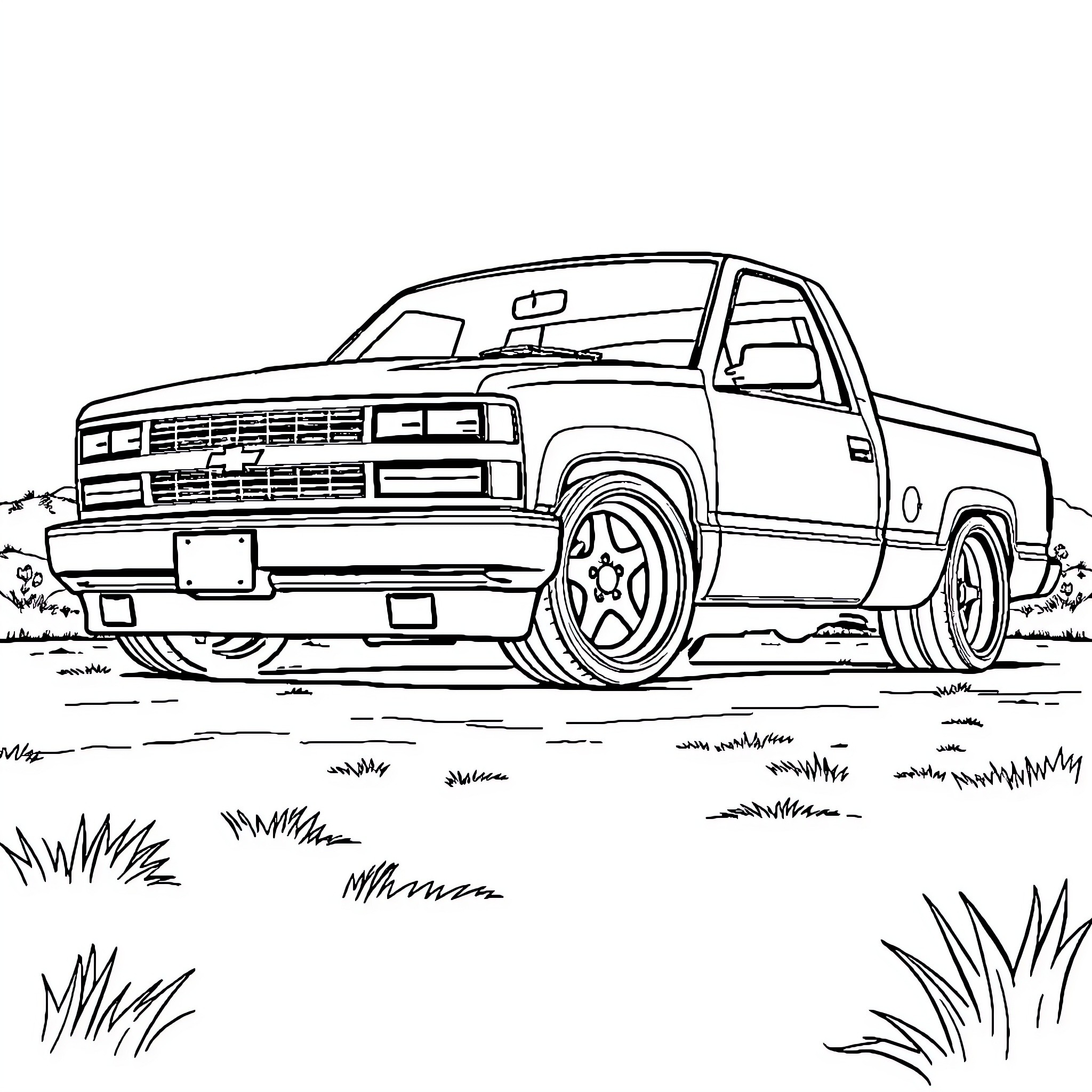 Tahoe pickup truck in rugged outdoor setting Coloring Page (free black-and-white line drawing printable PDF for all, from beginners to advanced learners, including children, teens, adults, and seniors)
