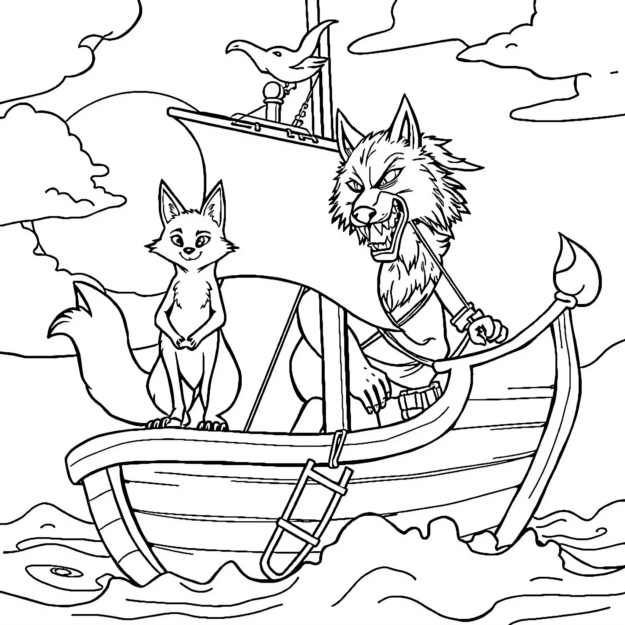 Fox siblings on a stormy sea voyage Coloring Page (free black-and-white line drawing printable PDF for all, from beginners to advanced learners, including children, teens, adults, and seniors)
