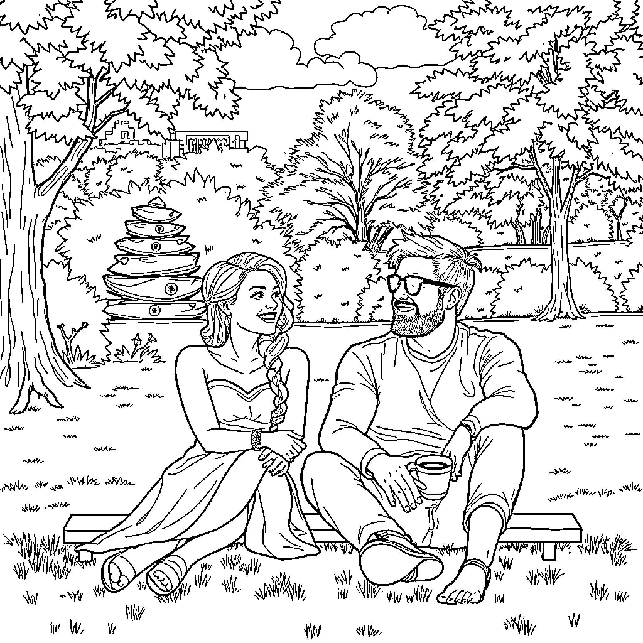 Elsa and Kristoff sharing a moment in the forest Coloring Page (free black-and-white line drawing printable PDF for all, from beginners to advanced learners, including children, teens, adults, and seniors)