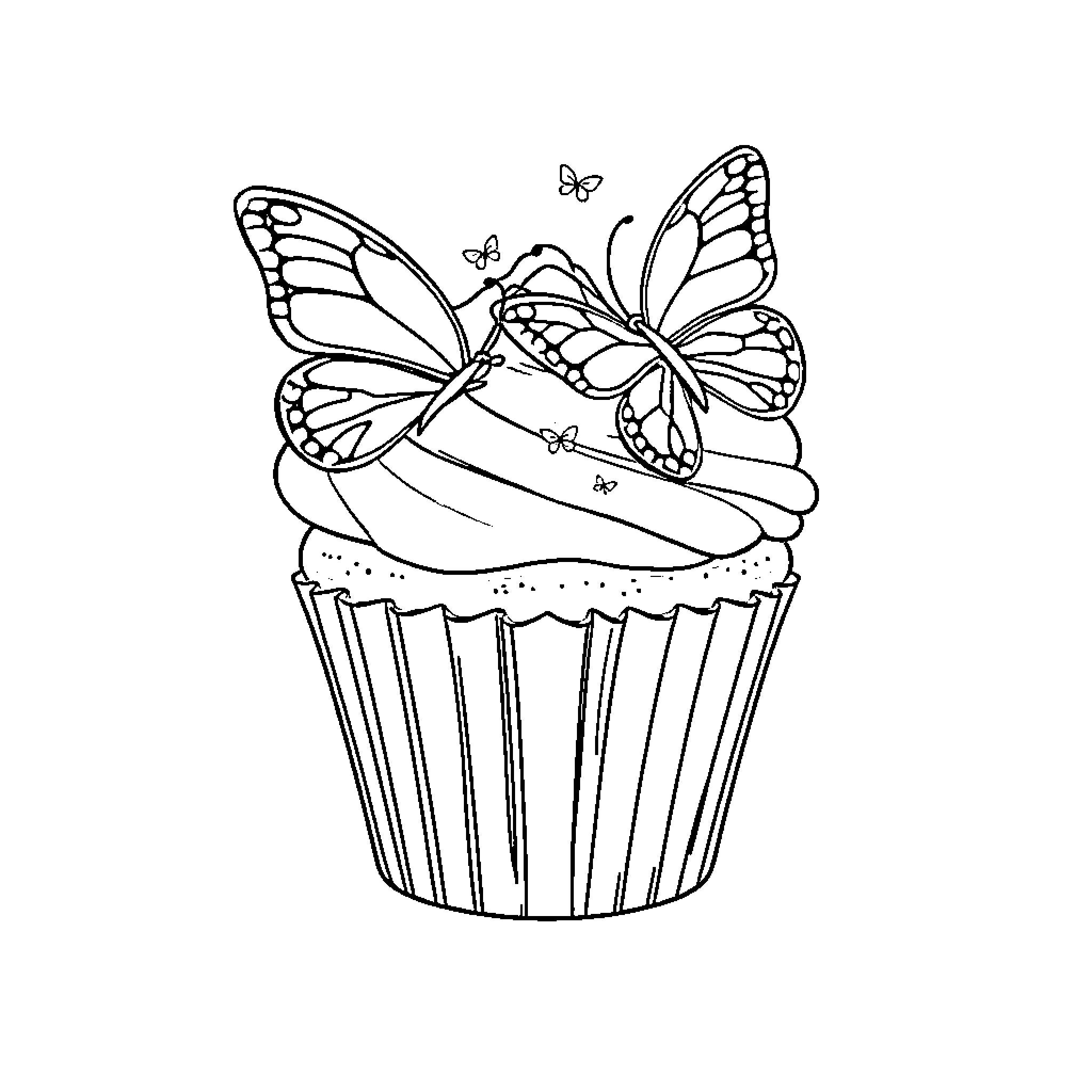 Cupcake with butterflies and decorations Coloring Page (free black-and-white line drawing printable PDF for all, from beginners to advanced learners, including children, teens, adults, and seniors)