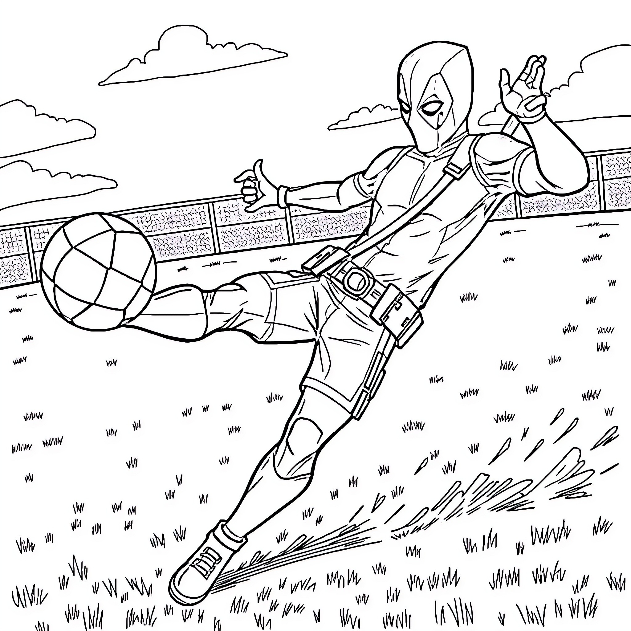 Deadpool's Acrobatic Stunts on the Field Coloring Page (free black-and-white line drawing printable PDF for all, from beginners to advanced learners, including children, teens, adults, and seniors)