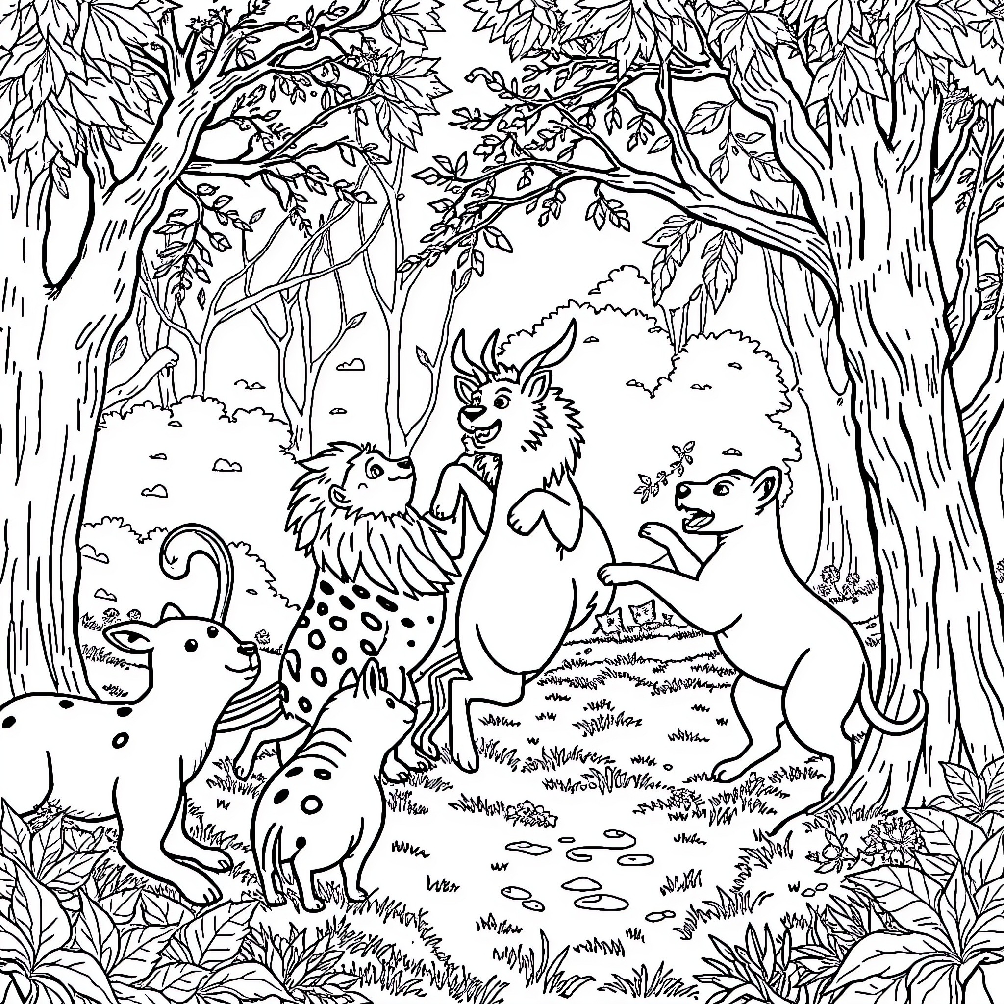 Animal Forest Creatures in Woodland Scene Coloring Page (free black-and-white line drawing printable PDF for all, from beginners to advanced learners, including children, teens, adults, and seniors)