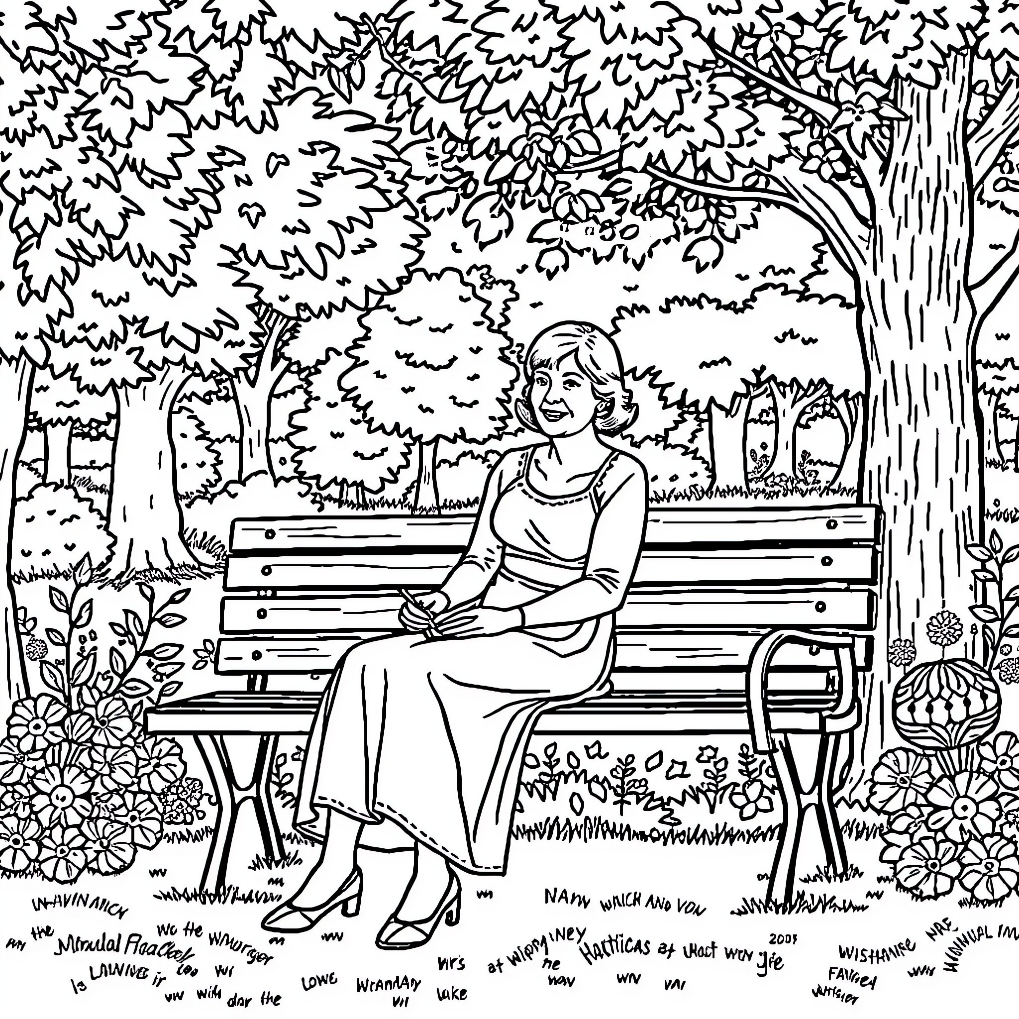 Mrs Rachel relaxing on a bench in the park Coloring Page (free black-and-white line drawing printable PDF for all, from beginners to advanced learners, including children, teens, adults, and seniors)