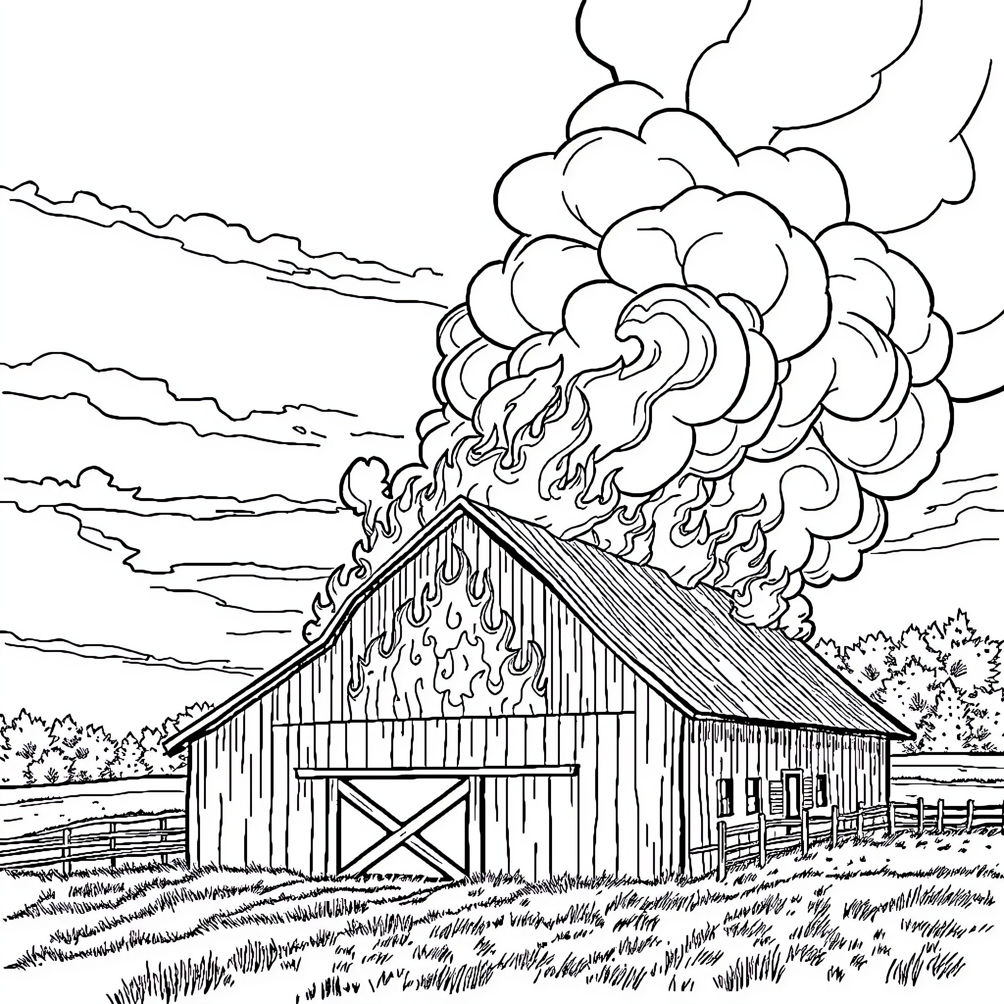 Barn Fire Raging in the Countryside Coloring Page (free black-and-white line drawing printable PDF for all, from beginners to advanced learners, including children, teens, adults, and seniors)