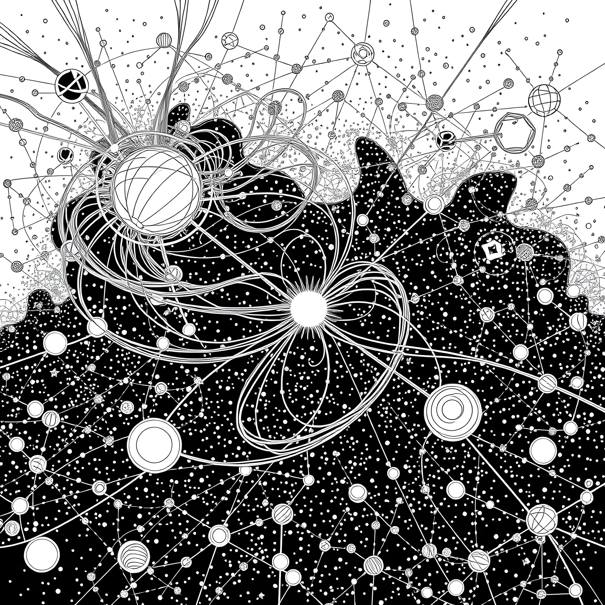 Quantum Cosmic Explosion of Geometric Shapes Coloring Page (free black-and-white line drawing printable PDF for all, from beginners to advanced learners, including children, teens, adults, and seniors)