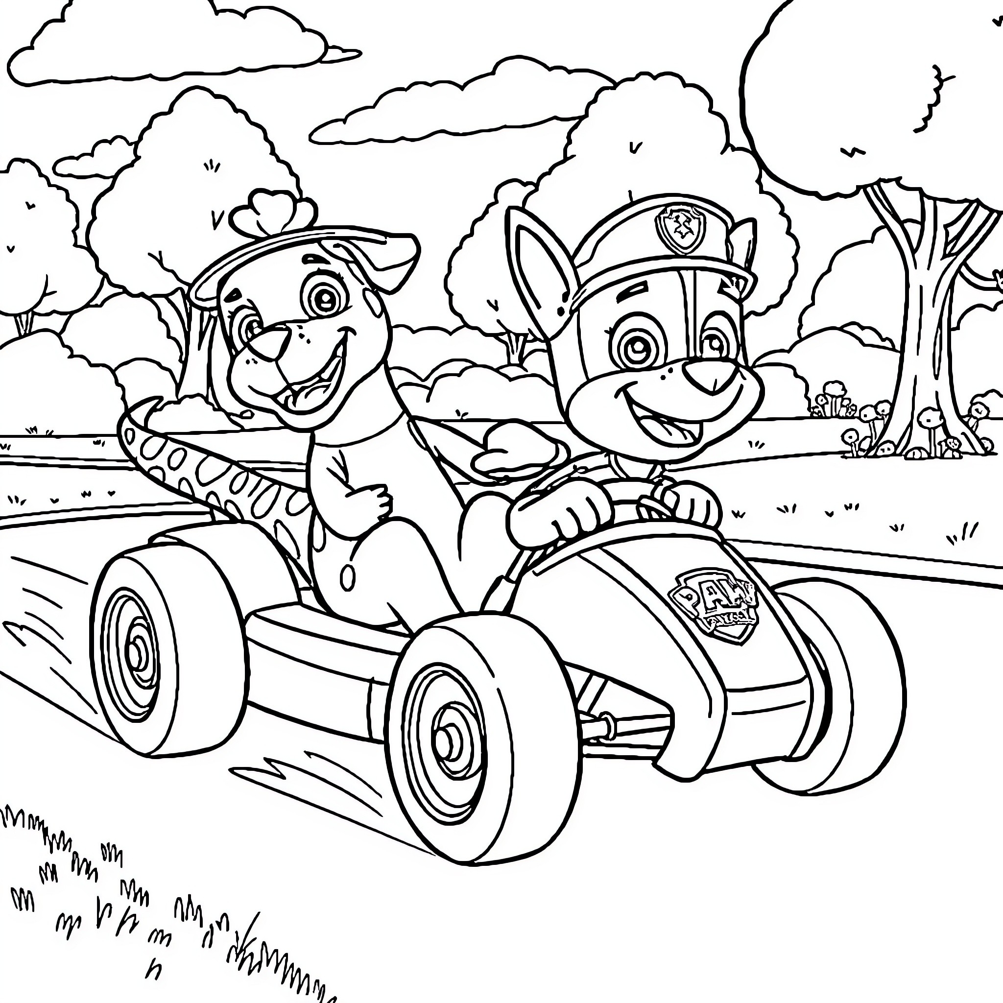Dinosaur characters riding ATVs in the outdoors Coloring Page (free black-and-white line drawing printable PDF for all, from beginners to advanced learners, including children, teens, adults, and seniors)