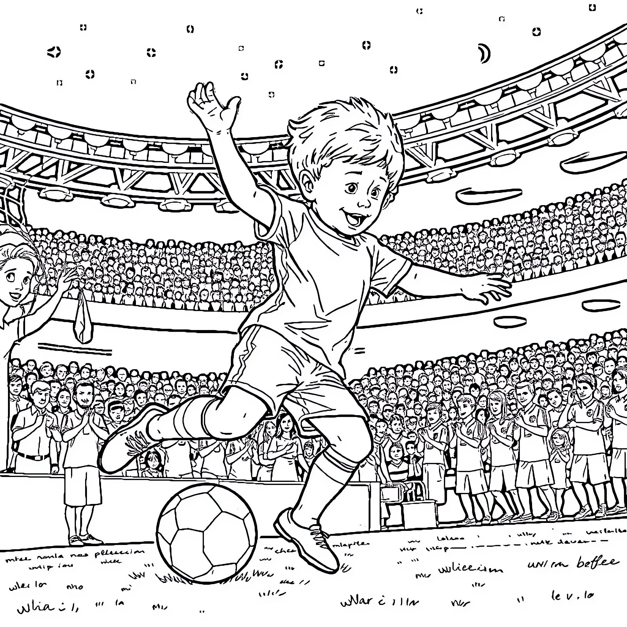 Bebe Celebrates Football Victory in Stadium Coloring Page (free black-and-white line drawing printable PDF for all, from beginners to advanced learners, including children, teens, adults, and seniors)