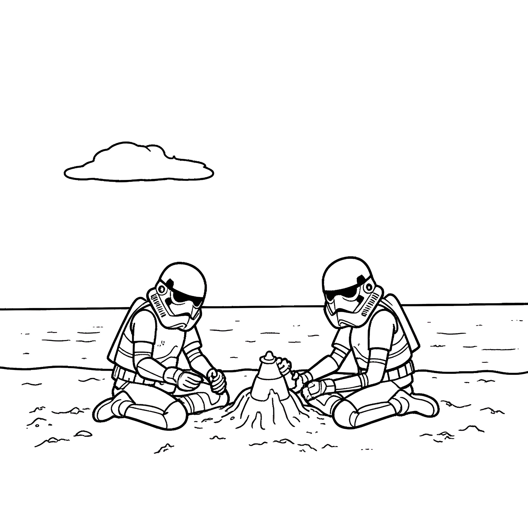 Stormtroopers building a sandcastle on the beach Coloring Page (free black-and-white line drawing printable PDF for all, from beginners to advanced learners, including children, teens, adults, and seniors)
