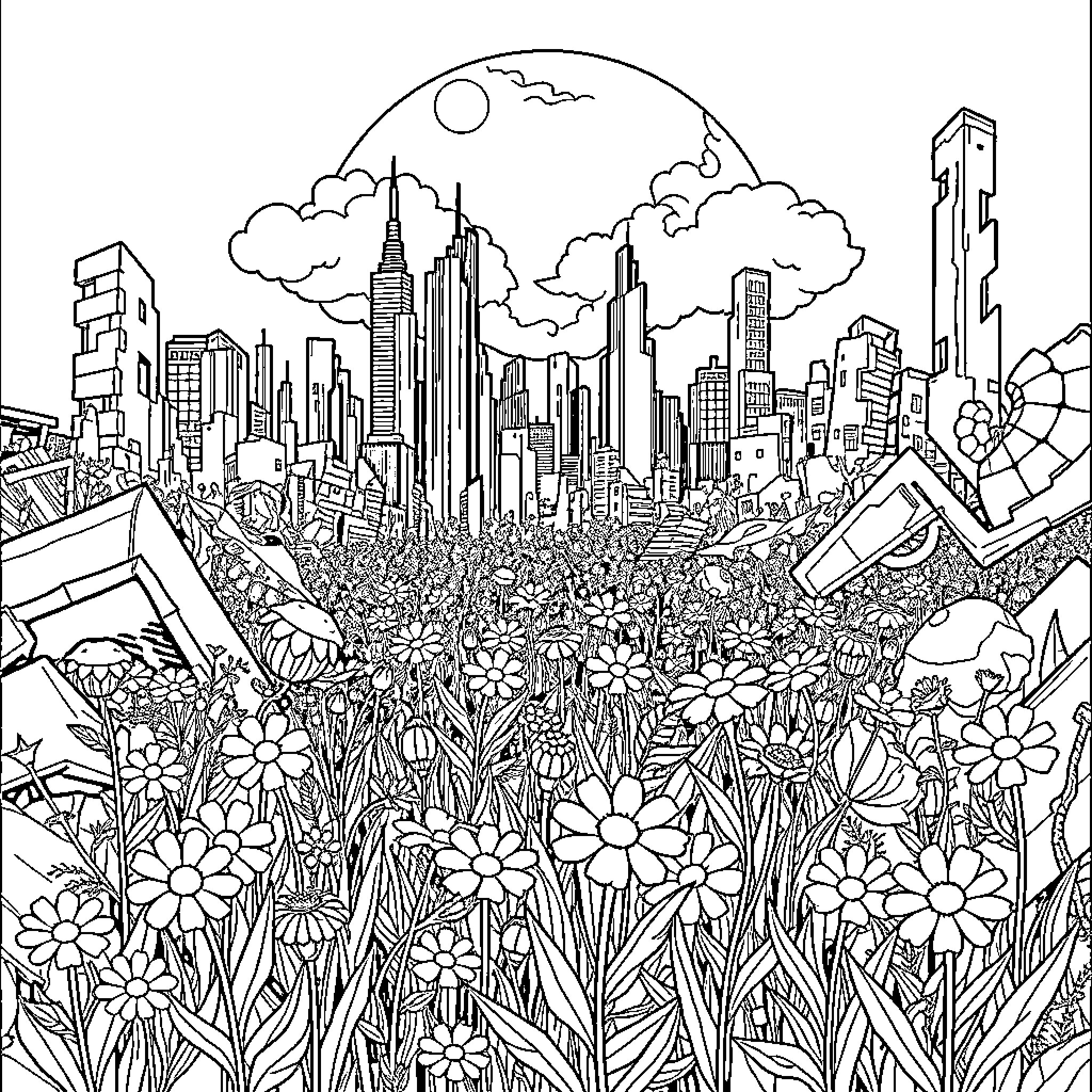 Flower-filled Urban Landscape Coloring Page (free black-and-white line drawing printable PDF for all, from beginners to advanced learners, including children, teens, adults, and seniors)