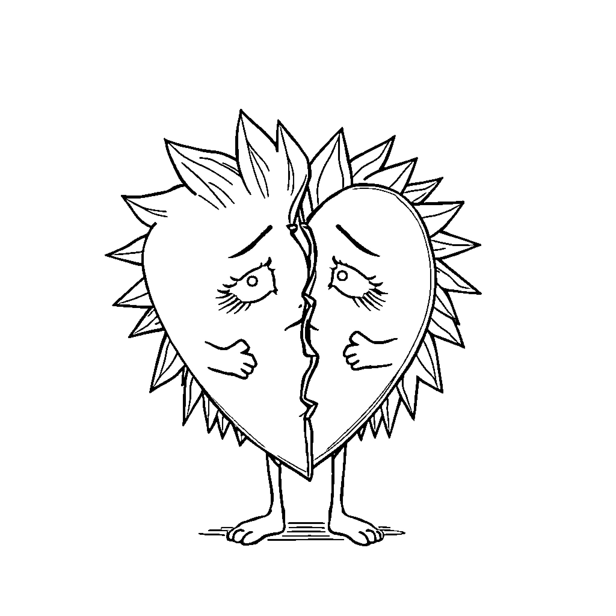 Hedgehog with a split heart expression Coloring Page (free black-and-white line drawing printable PDF for all, from beginners to advanced learners, including children, teens, adults, and seniors)