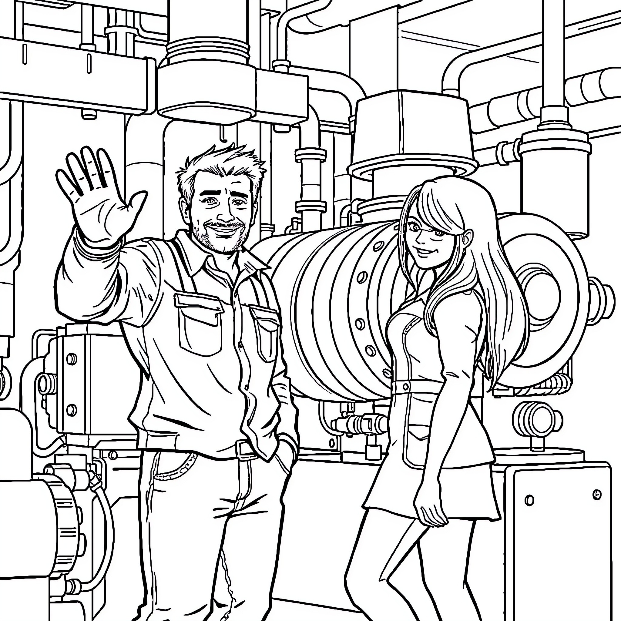 Man and Woman Exploring Industrial Equipment Coloring Page (free black-and-white line drawing printable PDF for all, from beginners to advanced learners, including children, teens, adults, and seniors)
