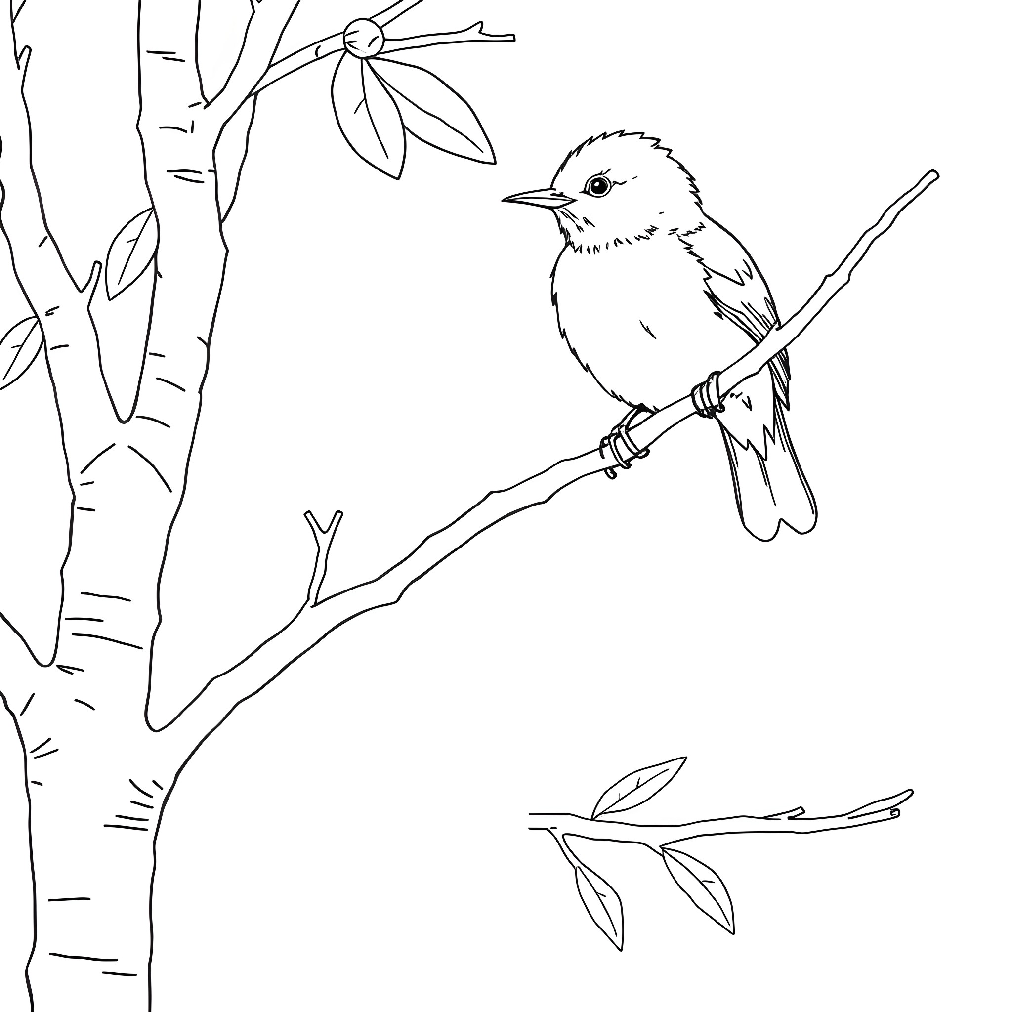 Honeycreeper perching on a branch with flowers Coloring Page (free black-and-white line drawing printable PDF for all, from beginners to advanced learners, including children, teens, adults, and seniors)
