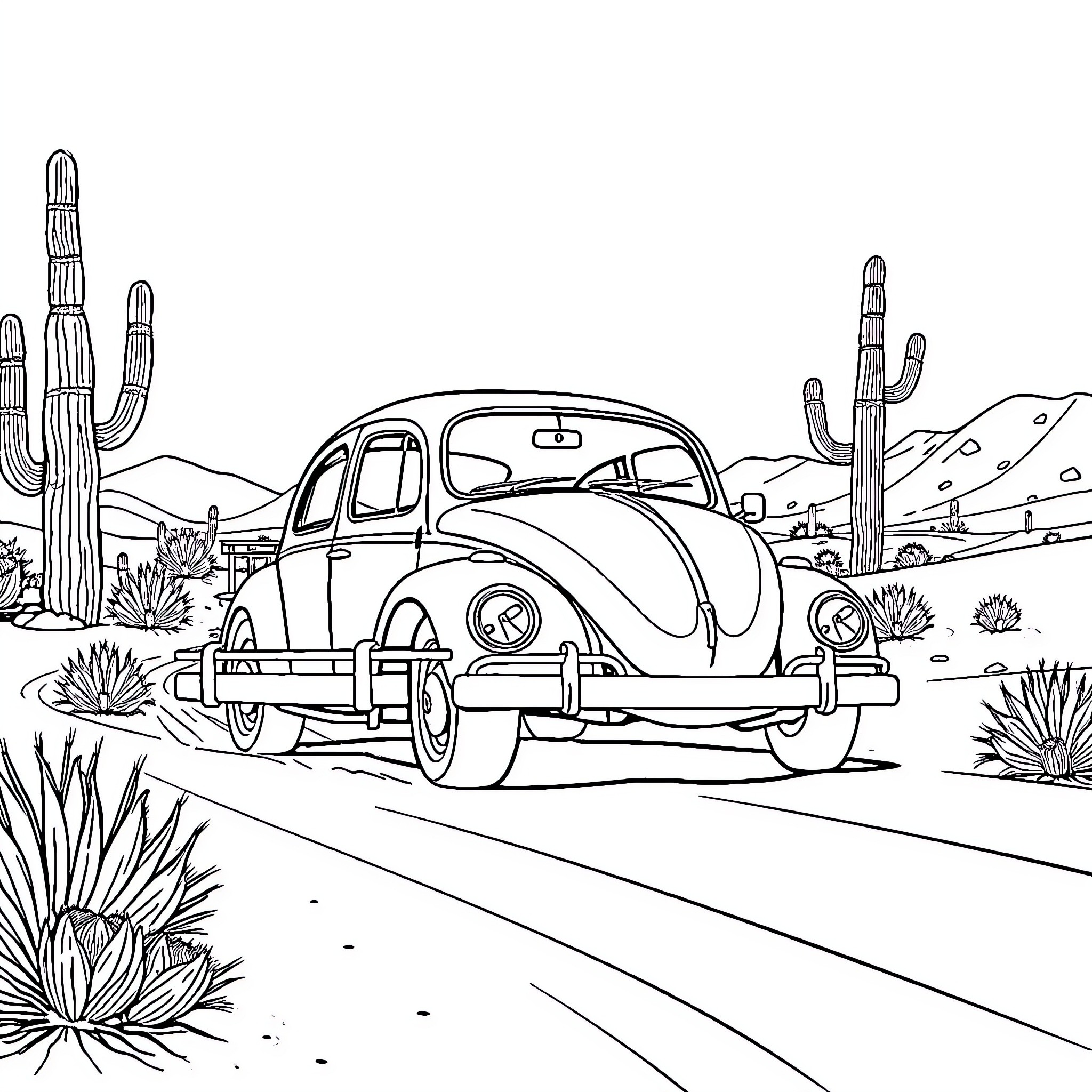 Beetle Vintage Car Driving Through Desert Landscape Coloring Page (free black-and-white line drawing printable PDF for all, from beginners to advanced learners, including children, teens, adults, and seniors)