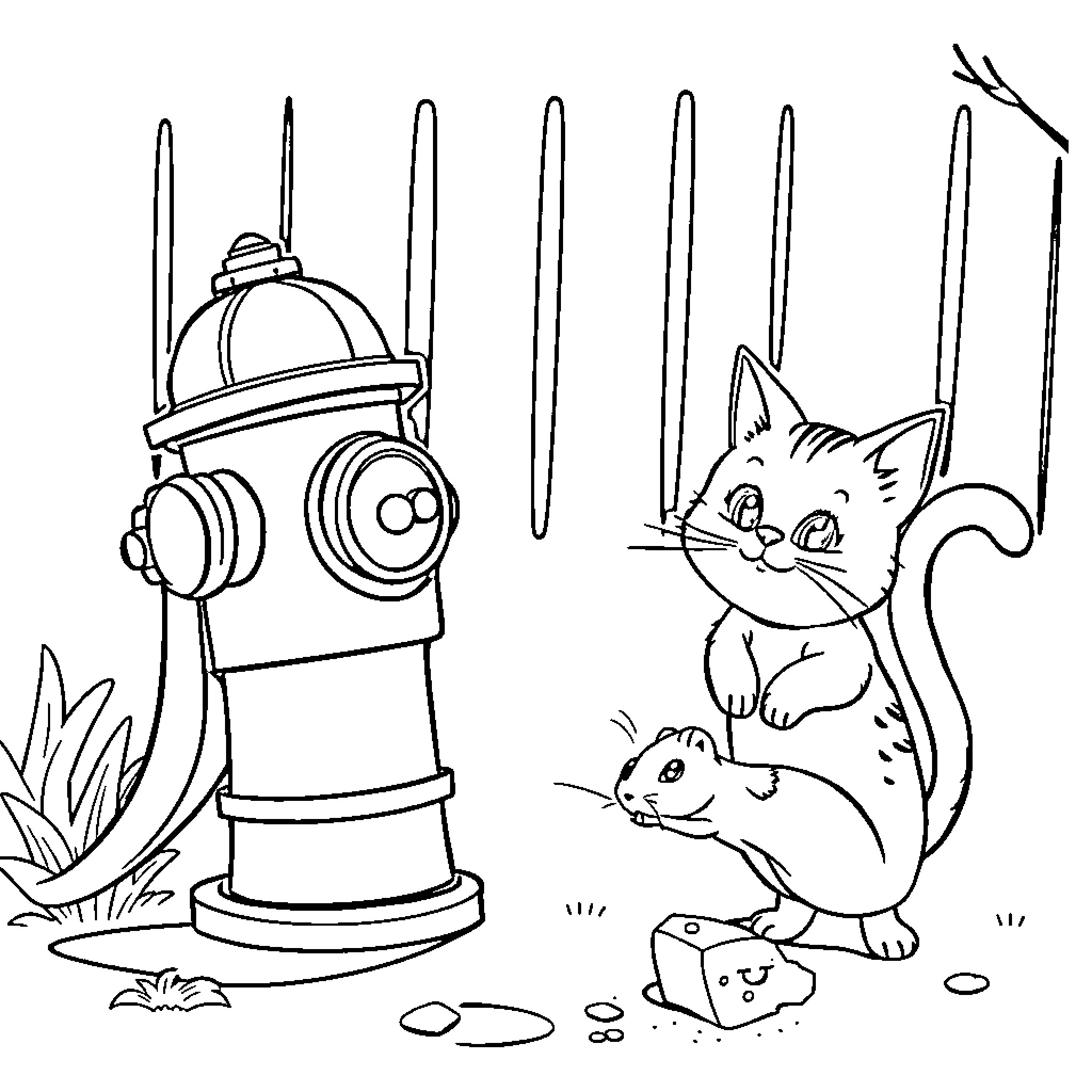 Hydrant Superhero Rescuing Curious Critters in the Park Coloring Page (free black-and-white line drawing printable PDF for all, from beginners to advanced learners, including children, teens, adults, and seniors)