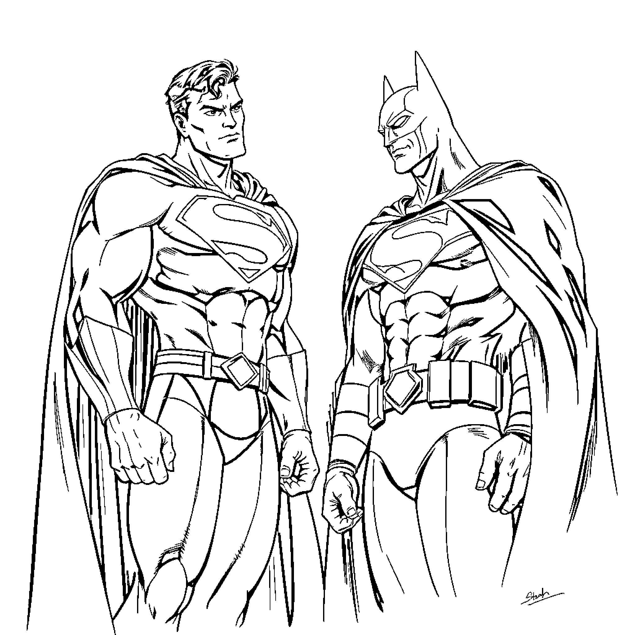 Superman and Batman in heroic poses Coloring Page (free black-and-white line drawing printable PDF for all, from beginners to advanced learners, including children, teens, adults, and seniors)
