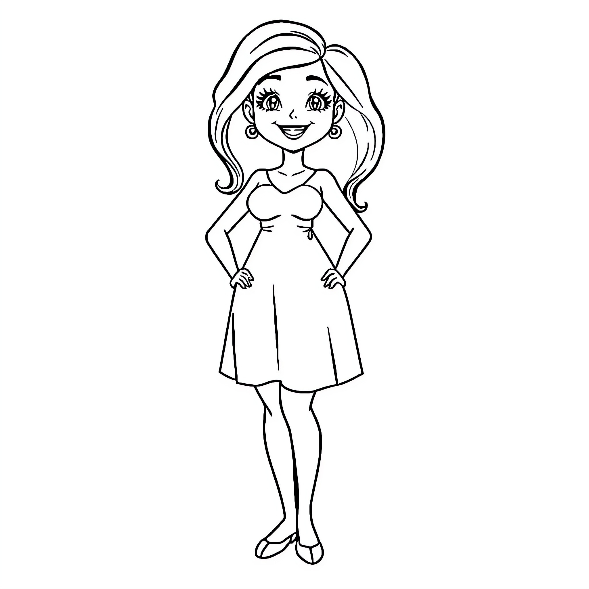 Elpida, a Smiling Girl in a Dress Coloring Page (free black-and-white line drawing printable PDF for all, from beginners to advanced learners, including children, teens, adults, and seniors)