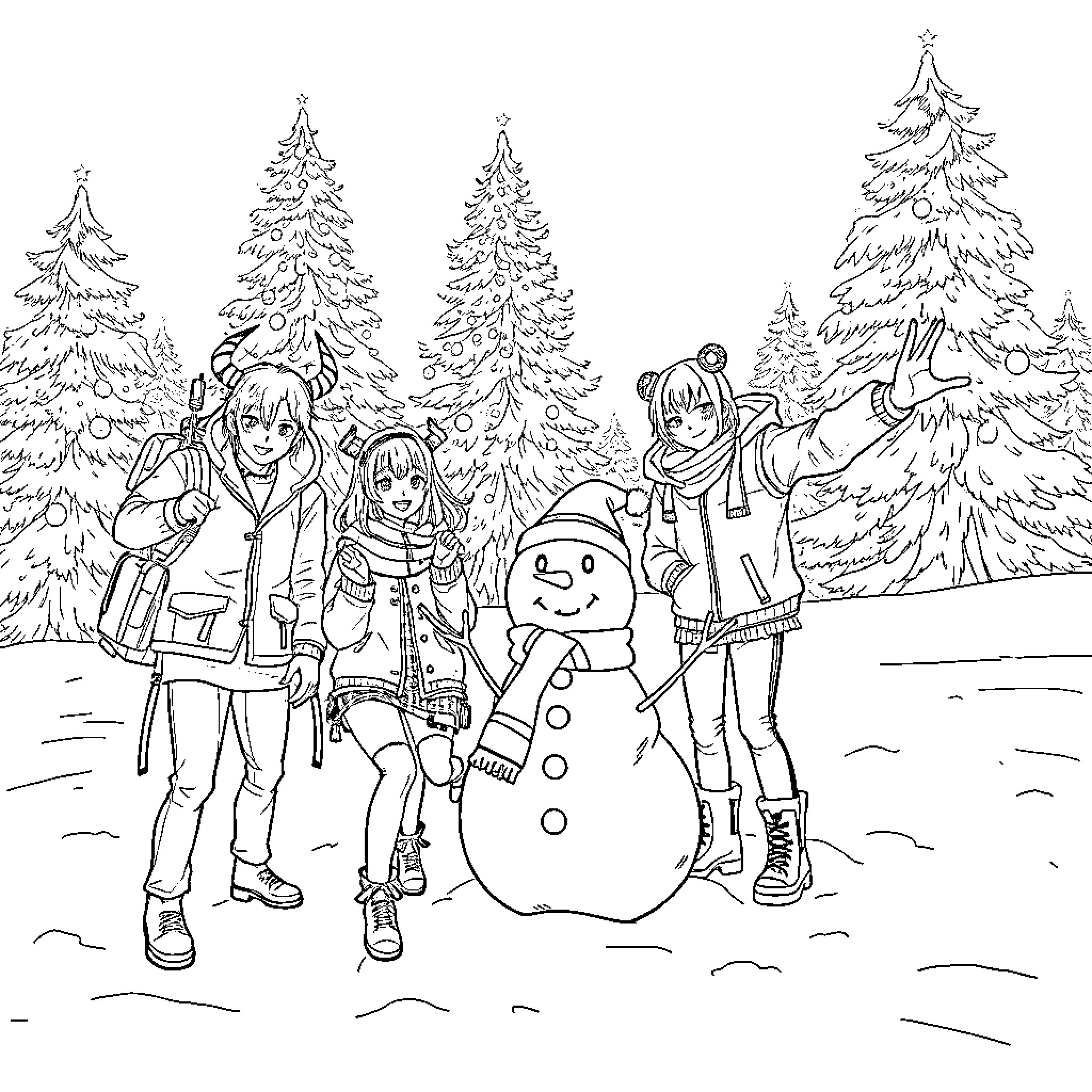 Kpop Demon Hunter Snowball Fight in Snowy Forest Coloring Page (free black-and-white line drawing printable PDF for all, from beginners to advanced learners, including children, teens, adults, and seniors)