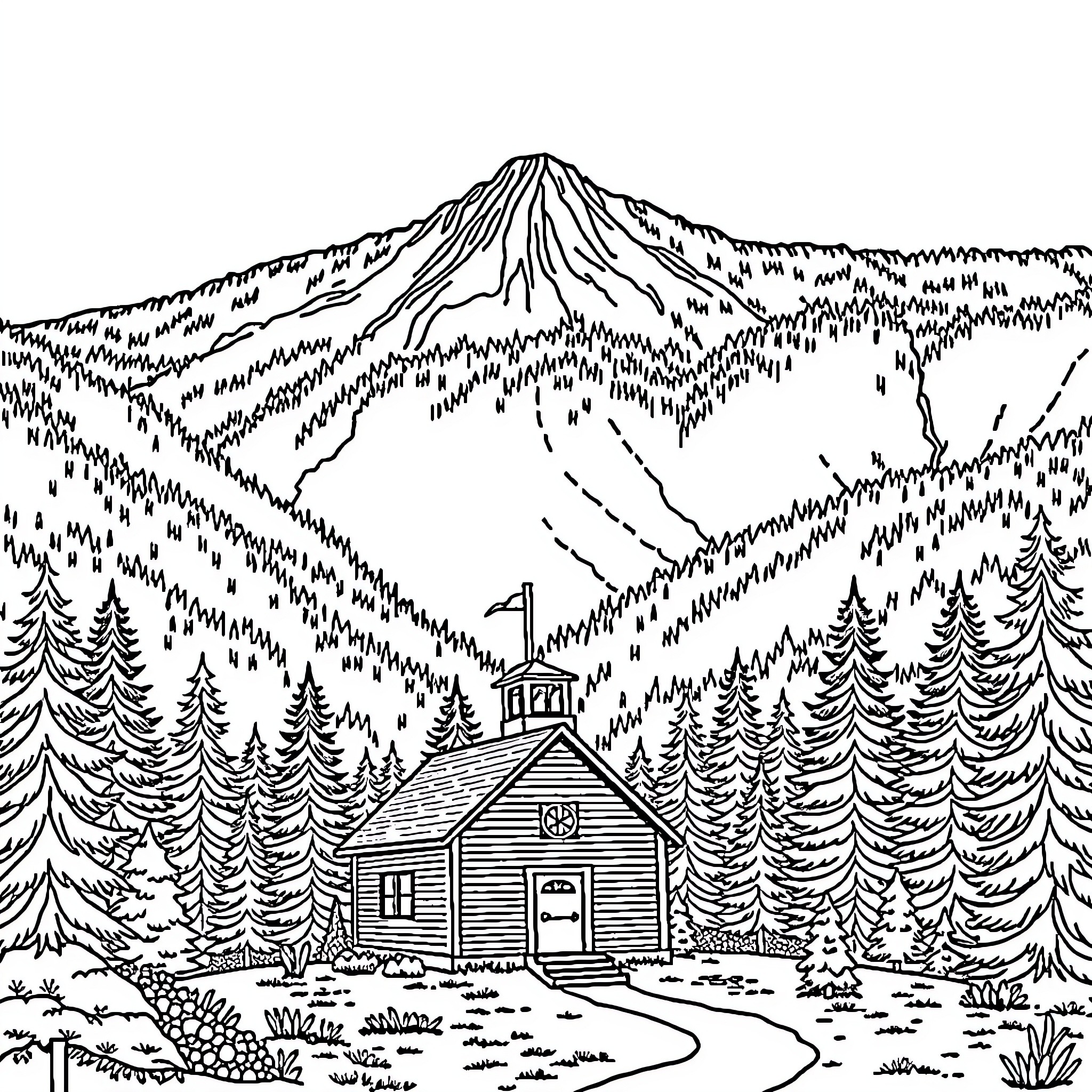 School in the Picturesque Mountain Landscape Coloring Page (free black-and-white line drawing printable PDF for all, from beginners to advanced learners, including children, teens, adults, and seniors)