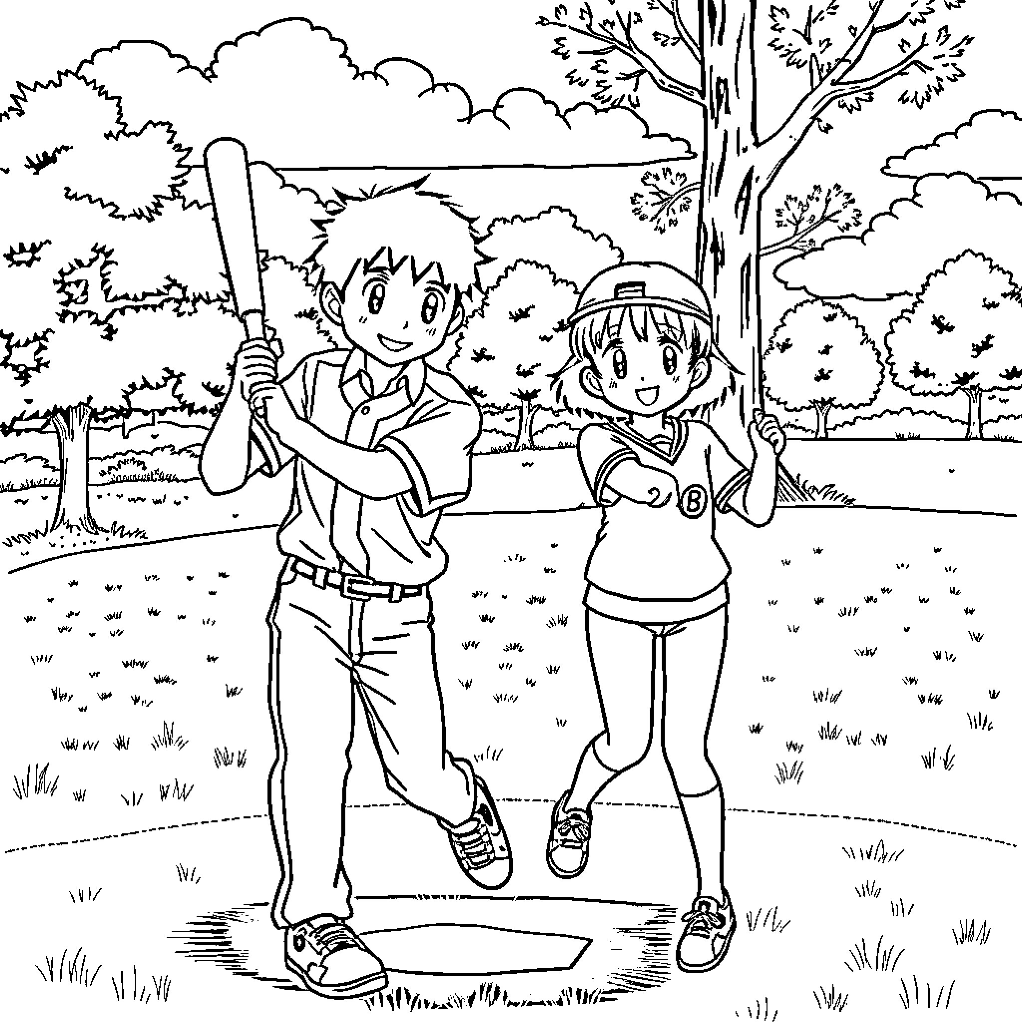 Tanjiro and Nezuko playing happily in the park Coloring Page (free black-and-white line drawing printable PDF for all, from beginners to advanced learners, including children, teens, adults, and seniors)
