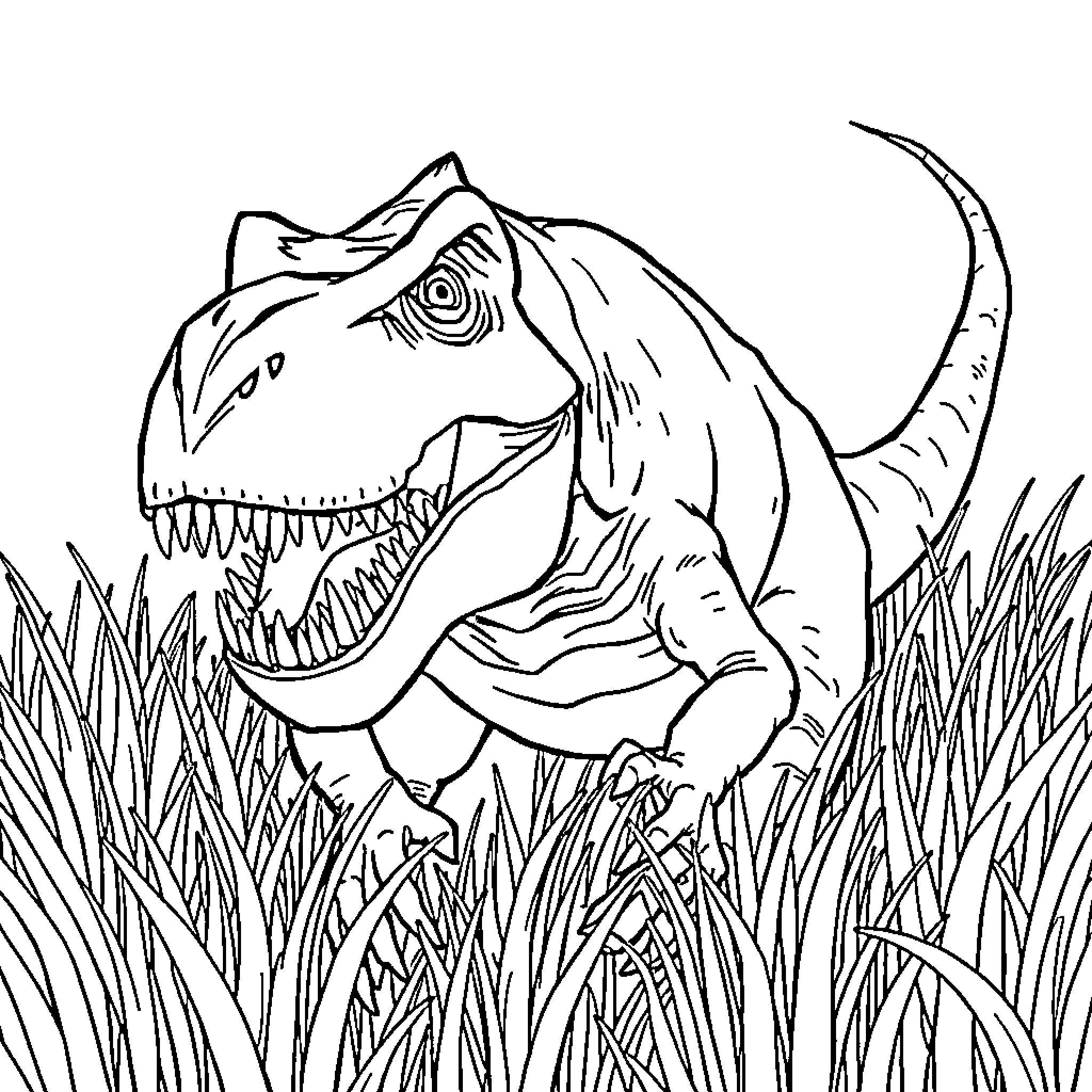 T-Rex Roaring in Tall Grass Coloring Page (free black-and-white line drawing printable PDF for all, from beginners to advanced learners, including children, teens, adults, and seniors)