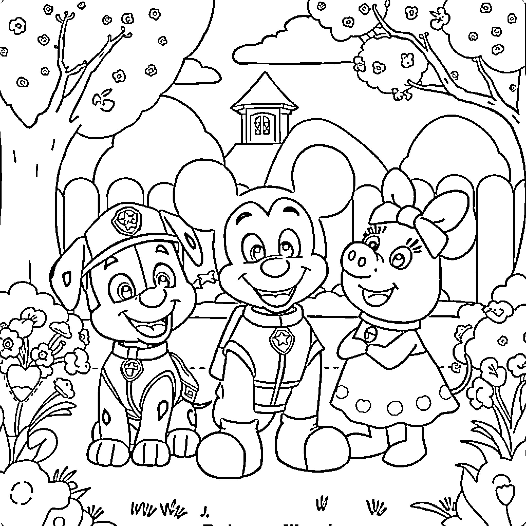 Pat Patrol Cartoon Friends in Colorful Garden Coloring Page (free black-and-white line drawing printable PDF for all, from beginners to advanced learners, including children, teens, adults, and seniors)