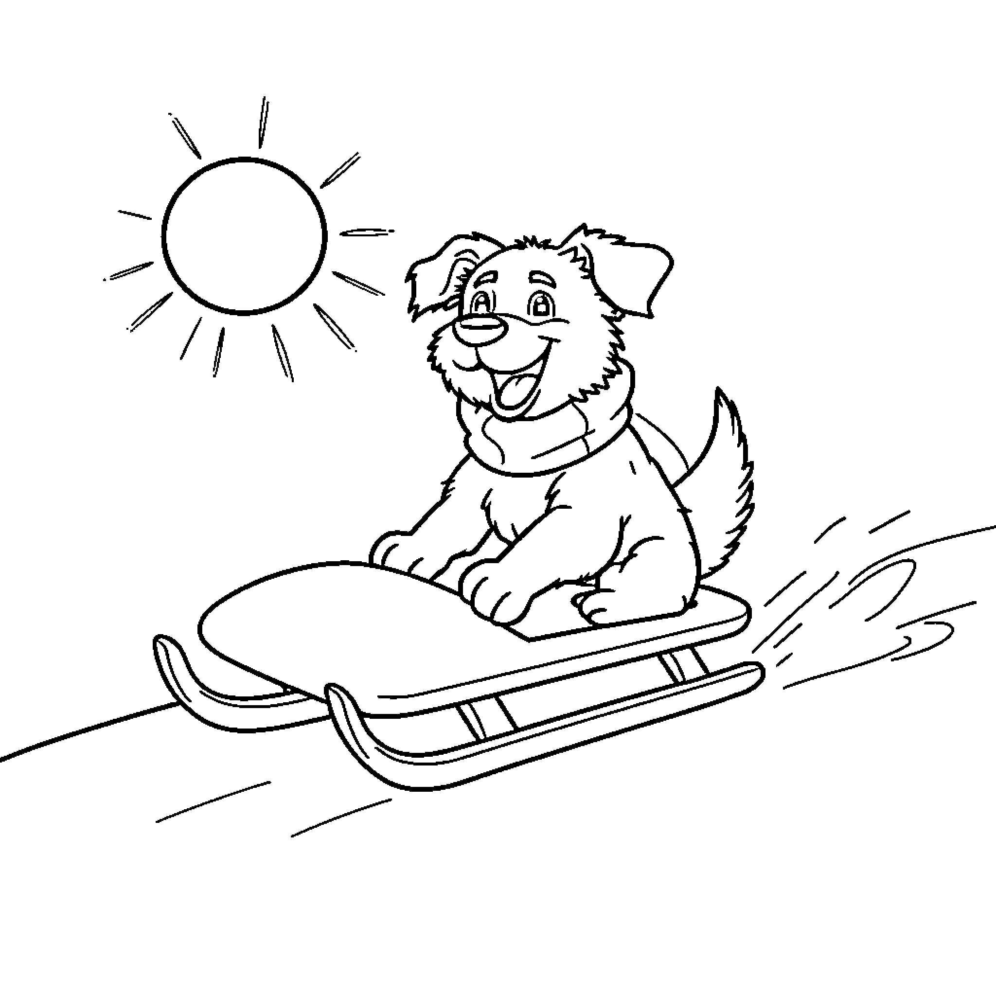 Dog sledding happily in the winter sun Coloring Page (free black-and-white line drawing printable PDF for all, from beginners to advanced learners, including children, teens, adults, and seniors)