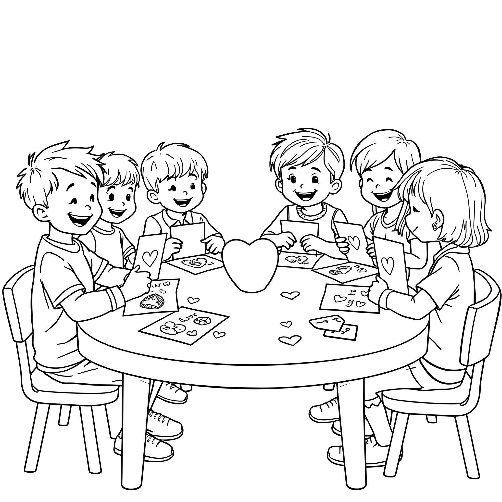 Kids creating arts and crafts at a table Coloring Page (free black-and-white line drawing printable PDF for all, from beginners to advanced learners, including children, teens, adults, and seniors)
