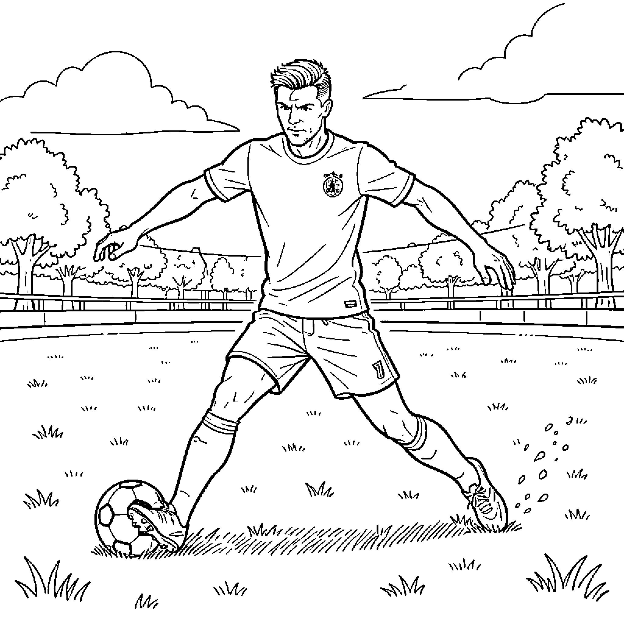 David Beckham dribbling a soccer ball on a field Coloring Page (free black-and-white line drawing printable PDF for all, from beginners to advanced learners, including children, teens, adults, and seniors)