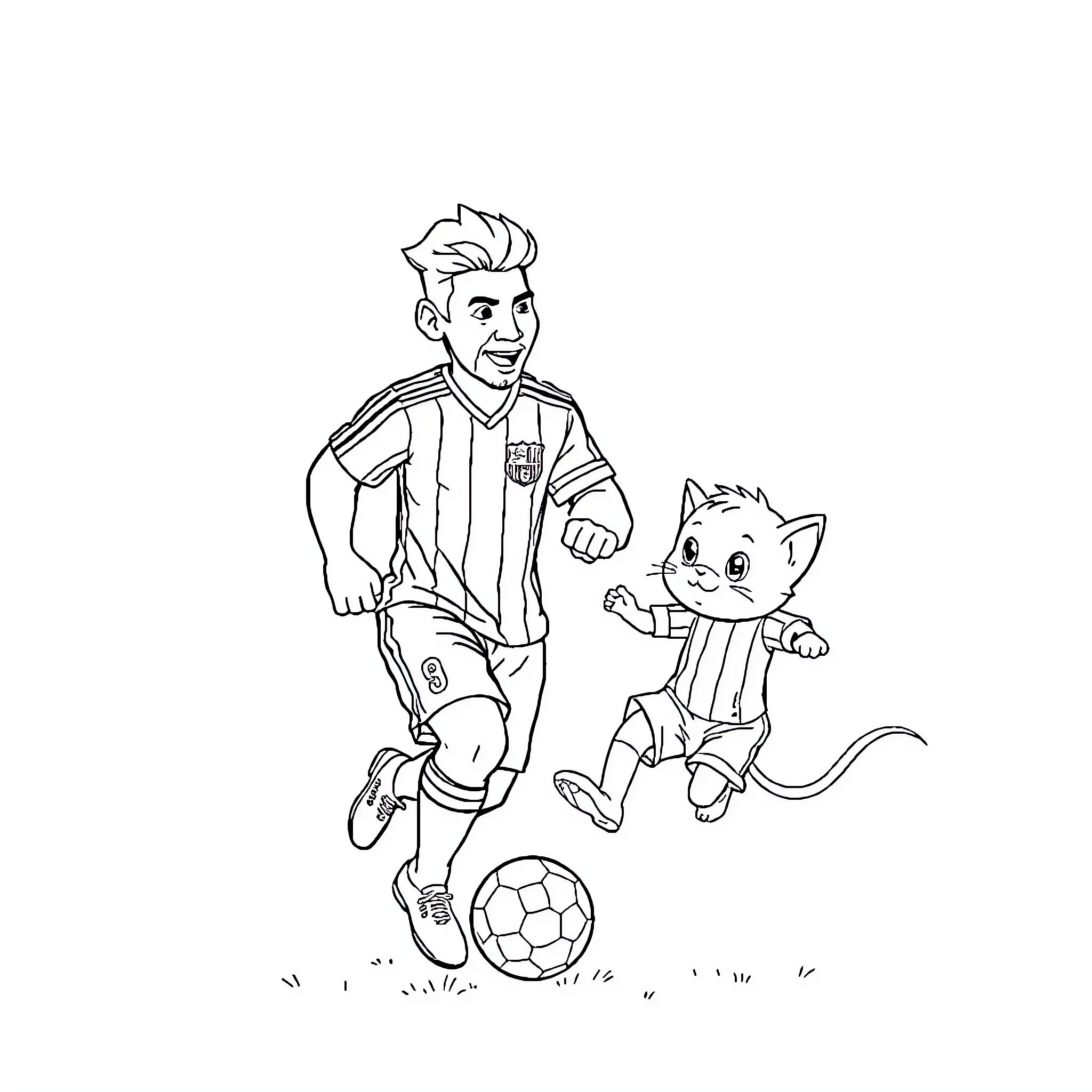 Elephant and boy playing soccer together Coloring Page (free black-and-white line drawing printable PDF for all, from beginners to advanced learners, including children, teens, adults, and seniors)