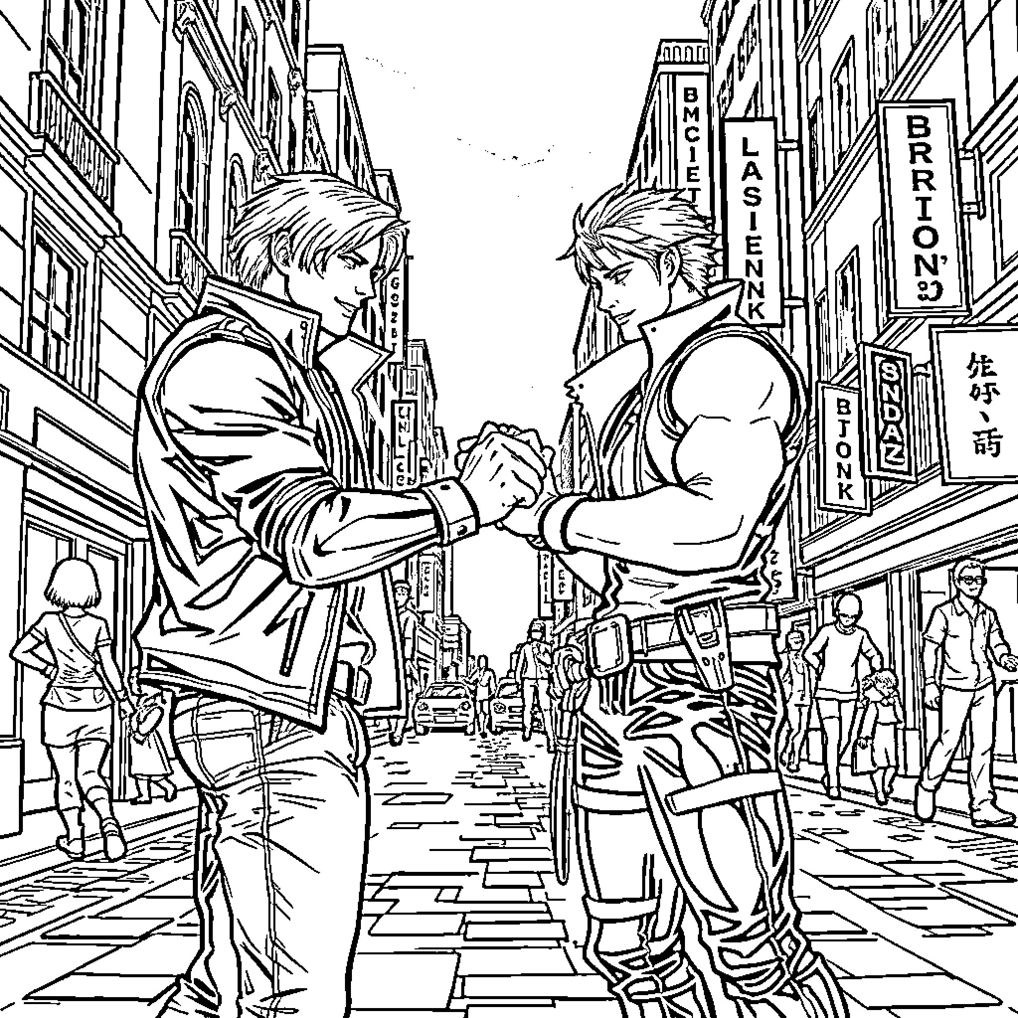 Leon's Brotherly Reunion in the City Streets Coloring Page (free black-and-white line drawing printable PDF for all, from beginners to advanced learners, including children, teens, adults, and seniors)