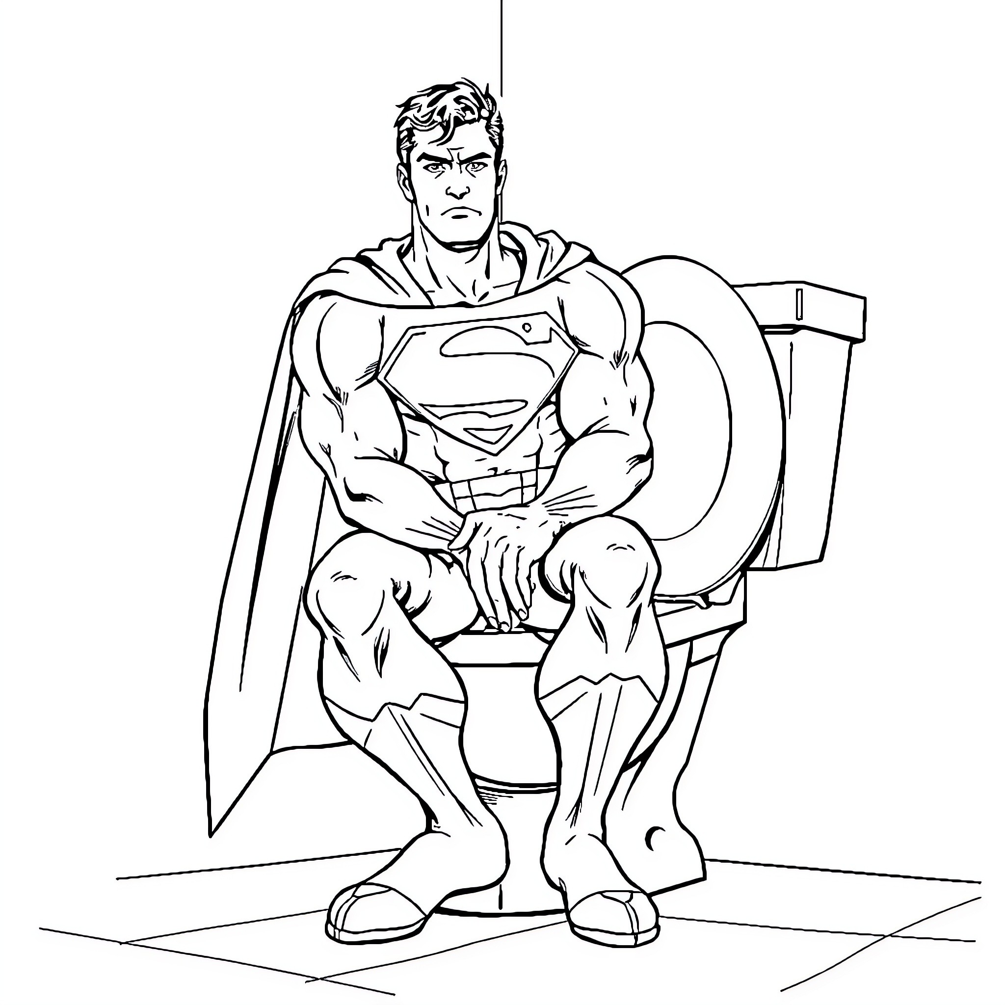 Superman in heroic pose on the throne Coloring Page (free black-and-white line drawing printable PDF for all, from beginners to advanced learners, including children, teens, adults, and seniors)